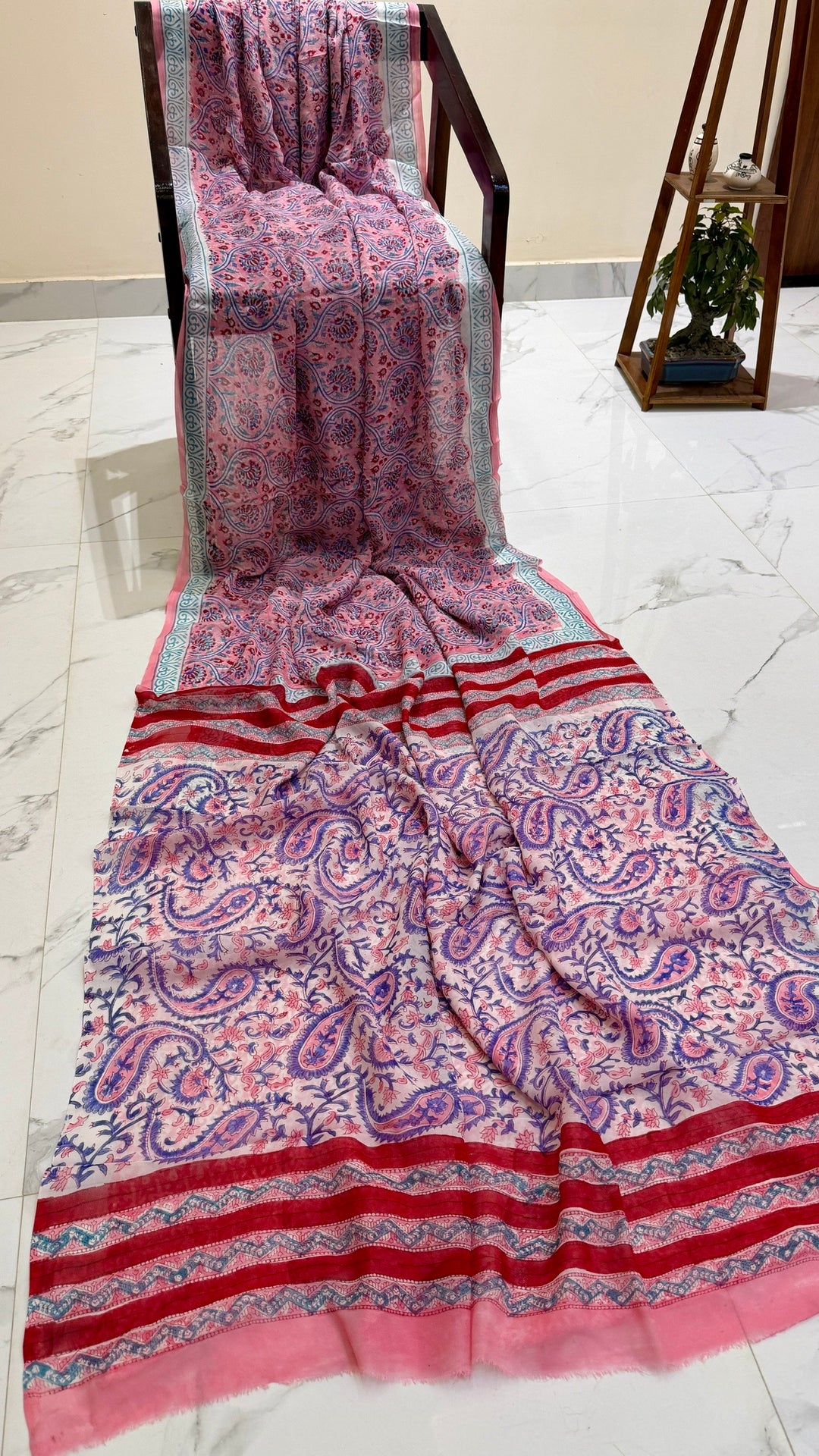Light Pink and Red Paisley Handblock Print Georgette Saree