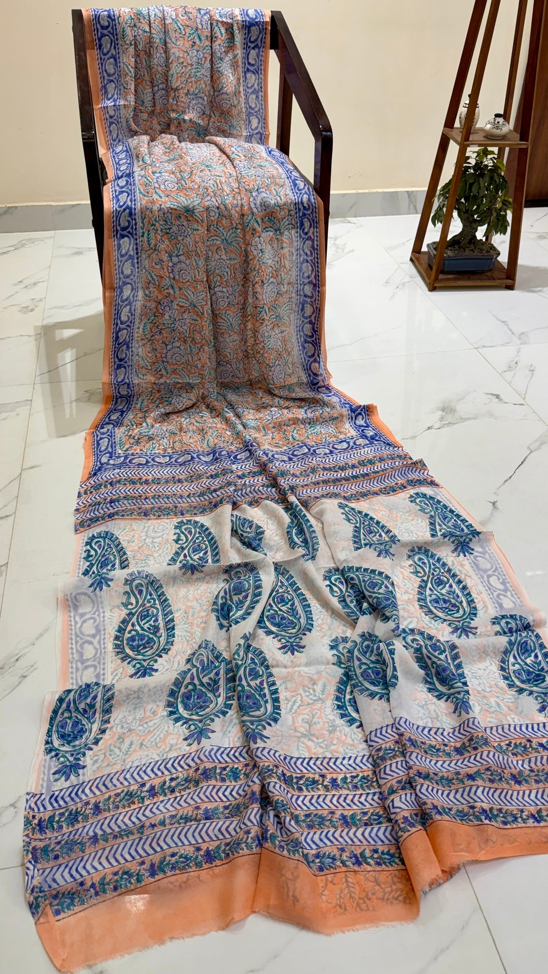 Soft Peach and Indigo Blue Handblock Printed Georgette Saree with Paisley Boota