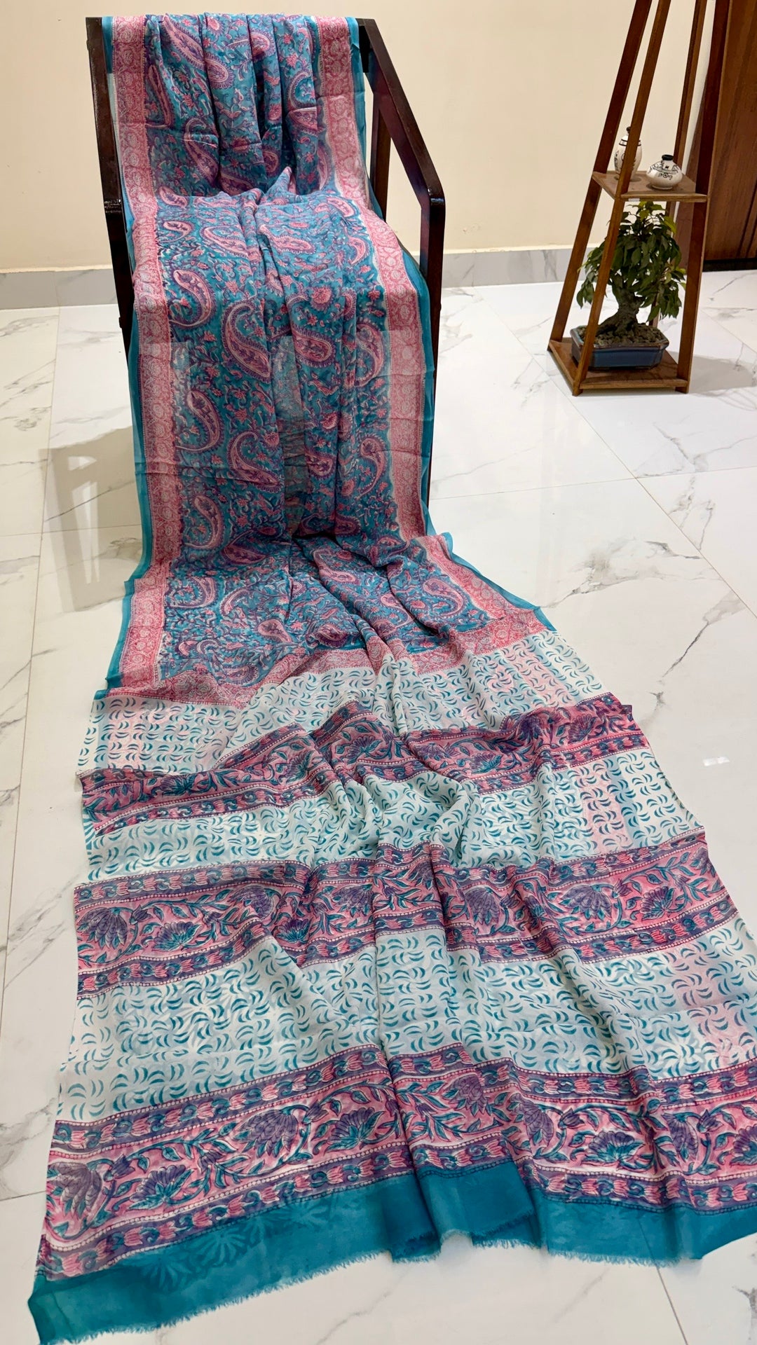 Teal Blue and Rose Pink Handblock Printed Georgette Saree with Paisley Borders