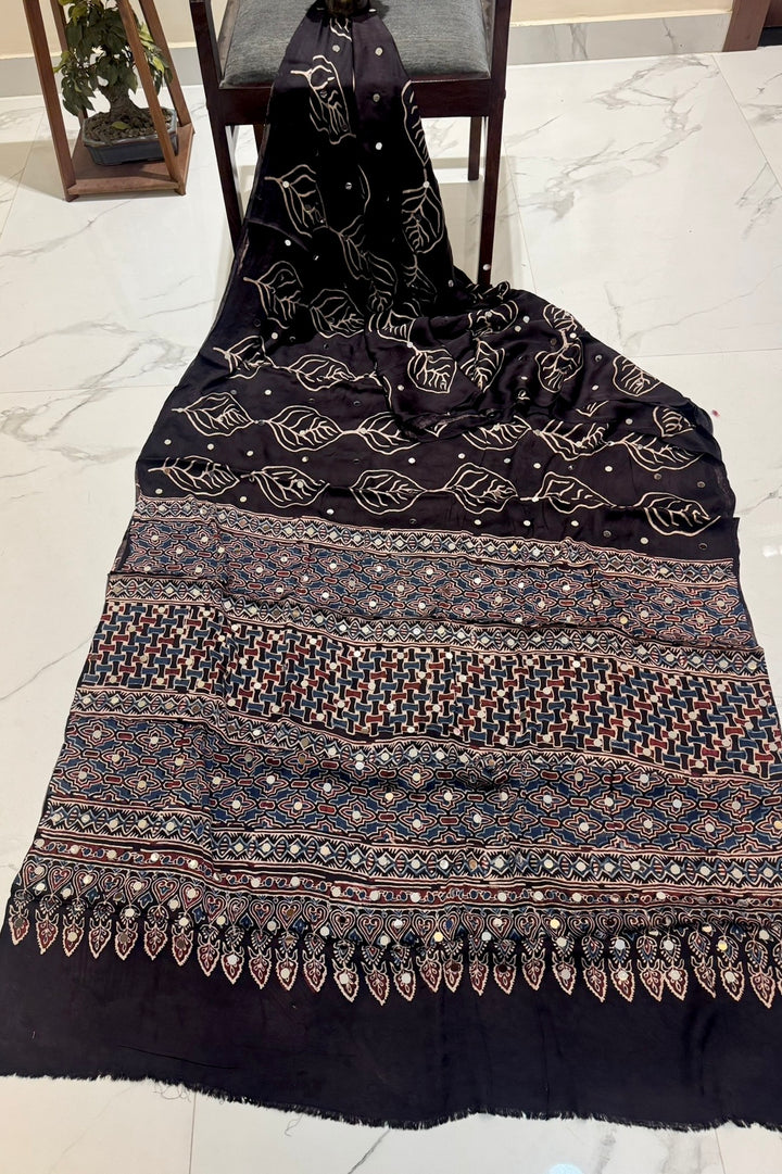 Elegant Black Modal Silk Saree featuring Leaf Motif Ajrakh Handblock Print & Real Mirror Work