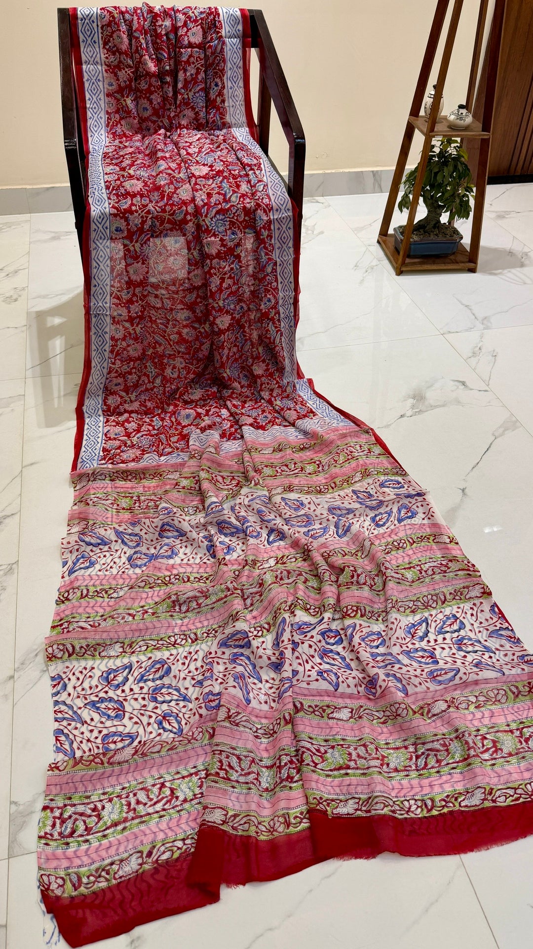 Crimson Red and Pastel Pink Handblock Printed Georgette Saree with Intricate Floral Jaal