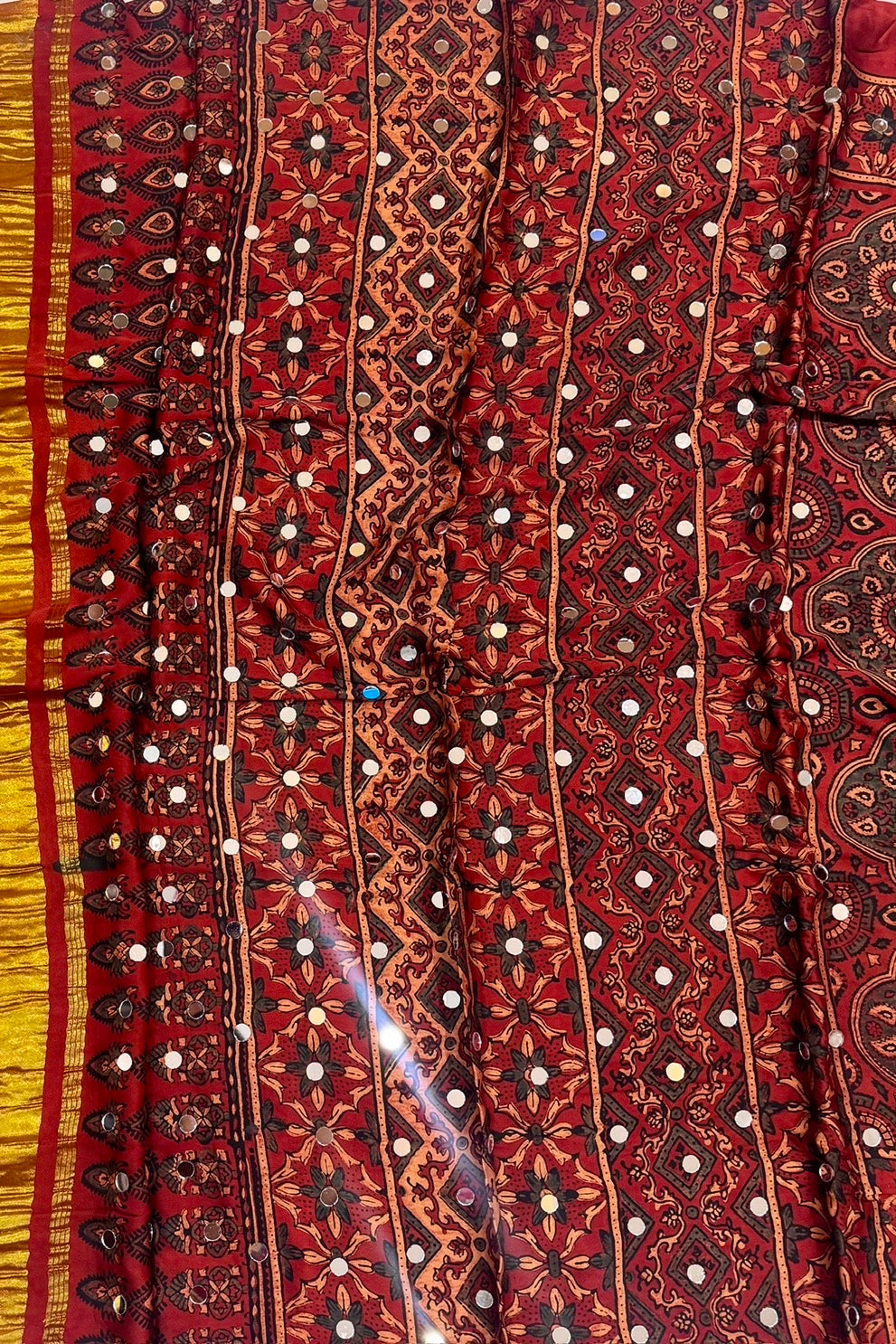 Deep Maroon Modal Silk Ajrakh Handblock Printed Saree with Real Mirror Work & Zari Tissue Pallu