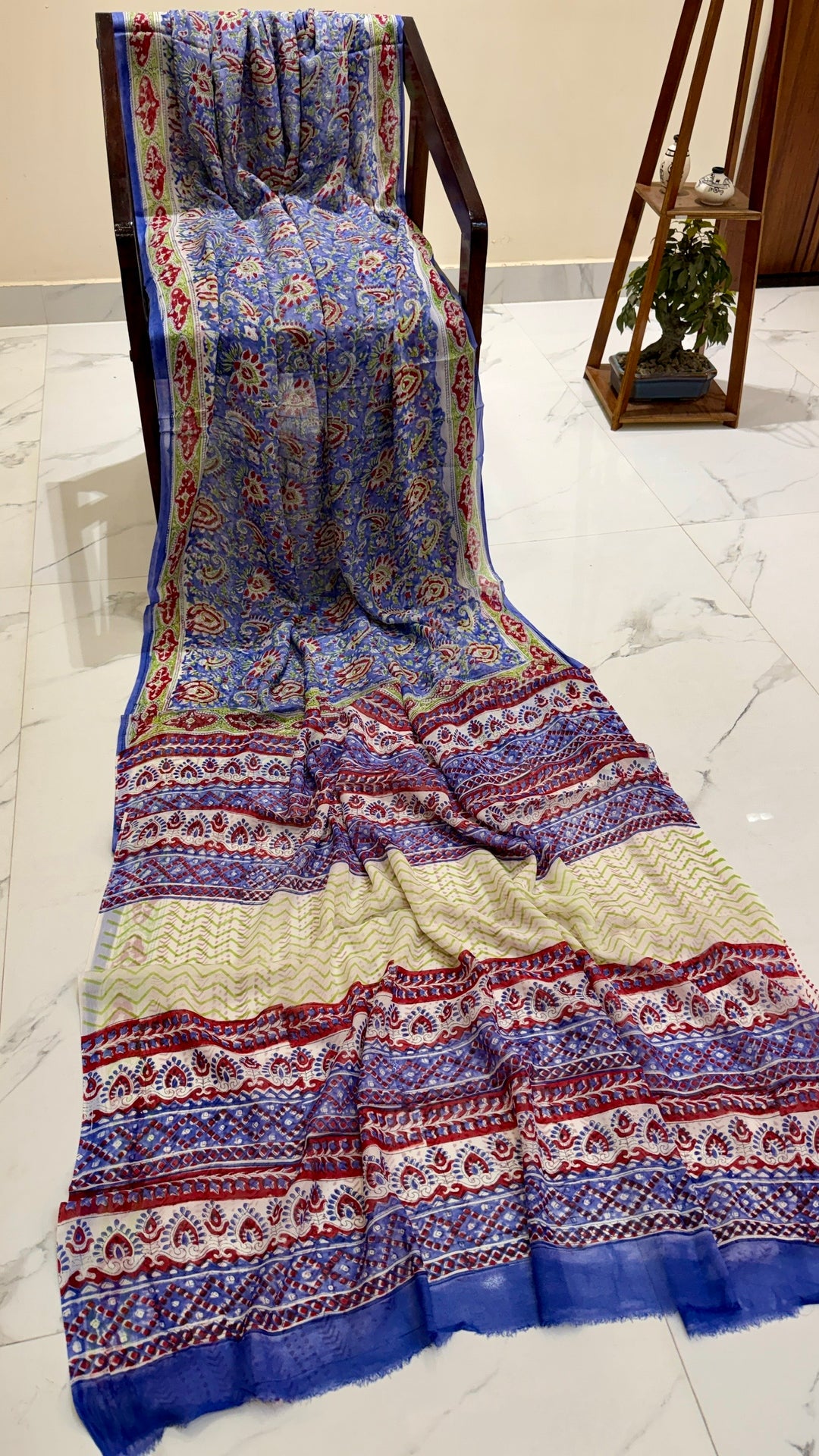 Royal Blue Handblock Printed Georgette Saree with Multi-Color Chevron Border