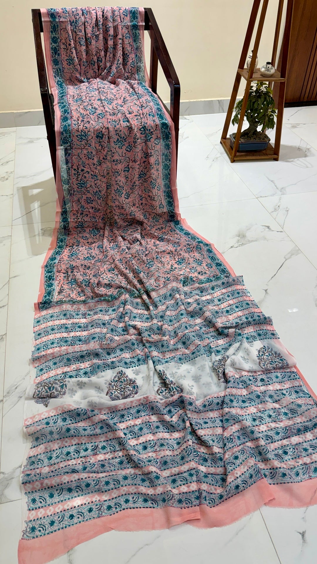 Blush Pink and Teal Handblock Printed Georgette Saree with Intricate Floral Motifs