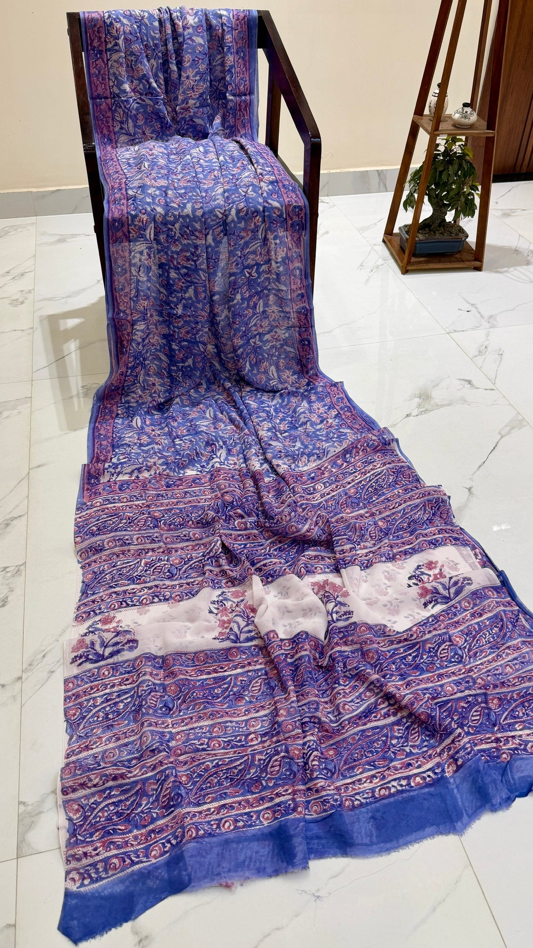 Indigo Blue Handblock Printed Georgette Saree with Mauve Floral Jaal & White Pallu