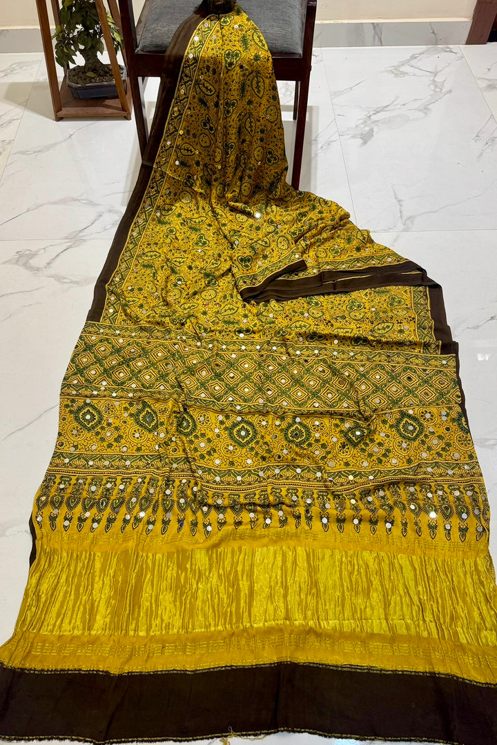 Vibrant Mustard Yellow Modal Silk Ajrakh Saree with Intricate Handblock Print & Real Mirror Accents