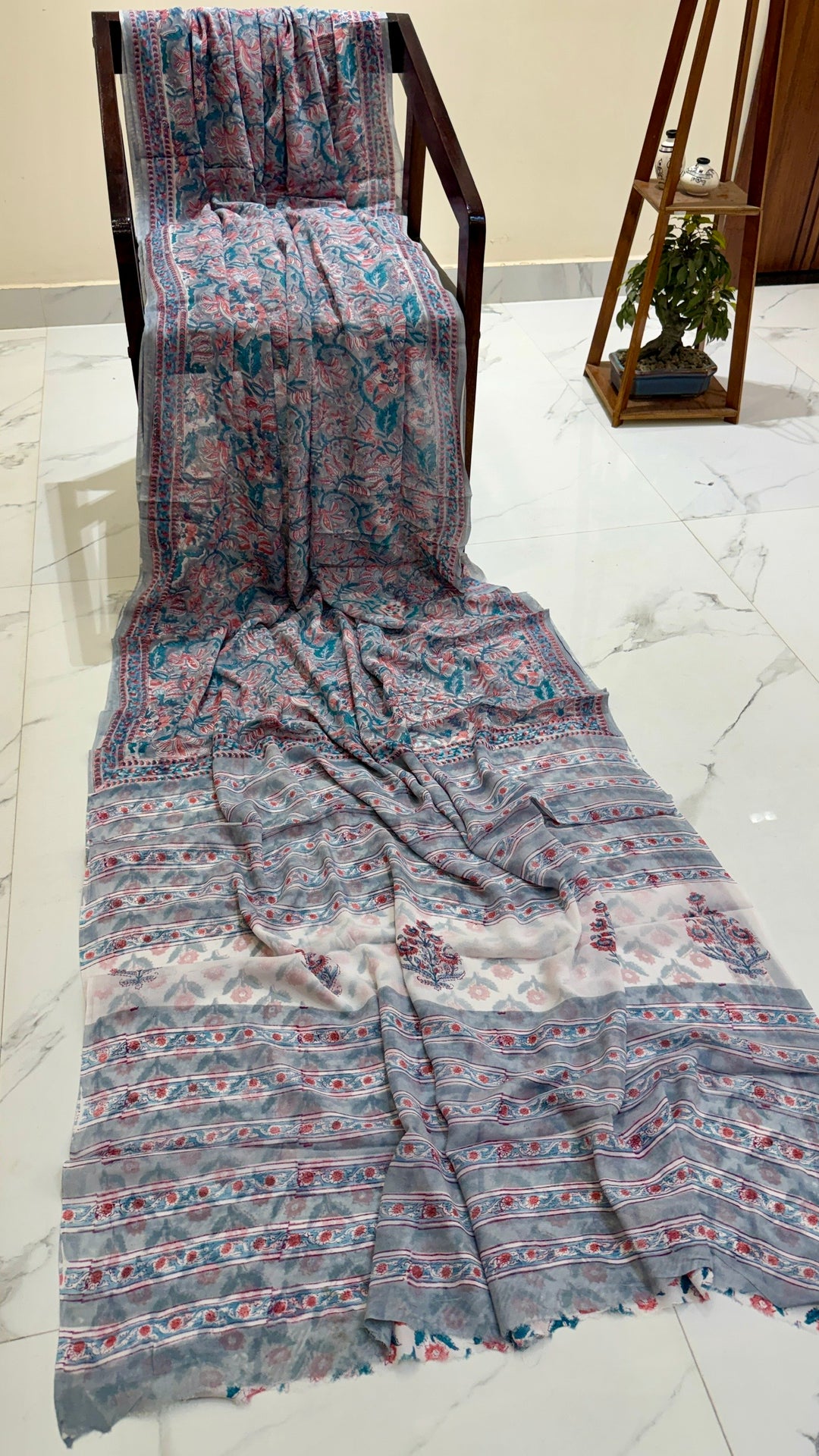 Slate Grey Handblock Printed Georgette Saree with Crimson and Teal Vine Patterns