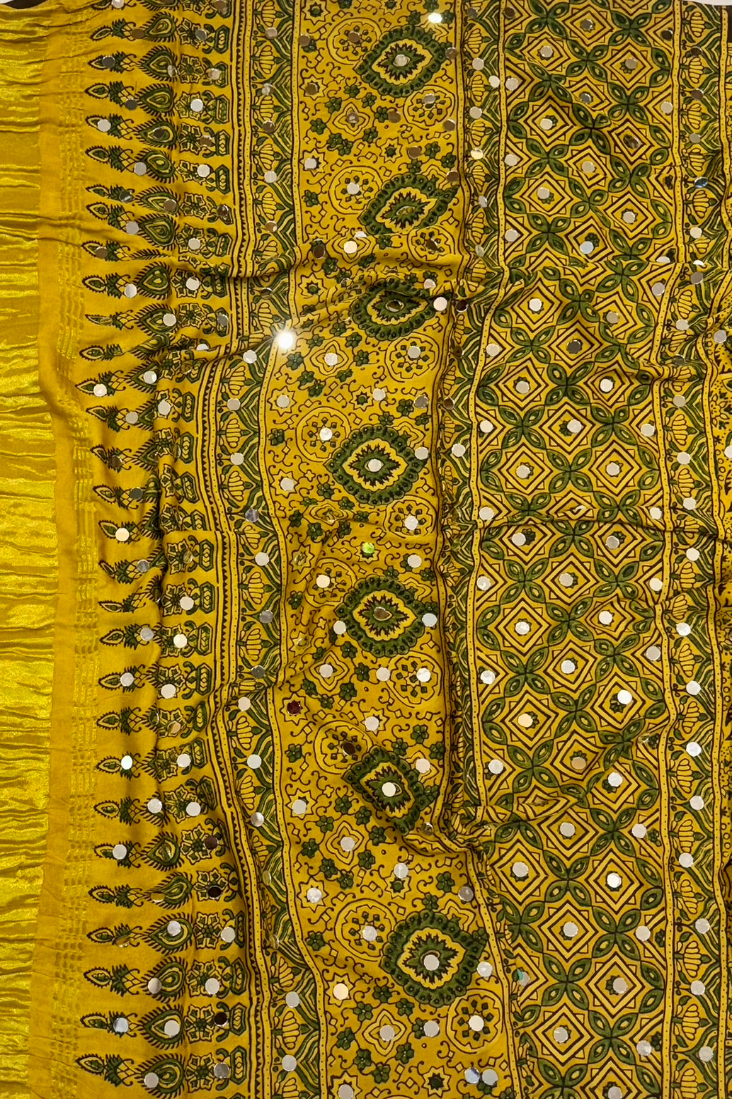 Vibrant Mustard Yellow Modal Silk Ajrakh Saree with Intricate Handblock Print & Real Mirror Accents