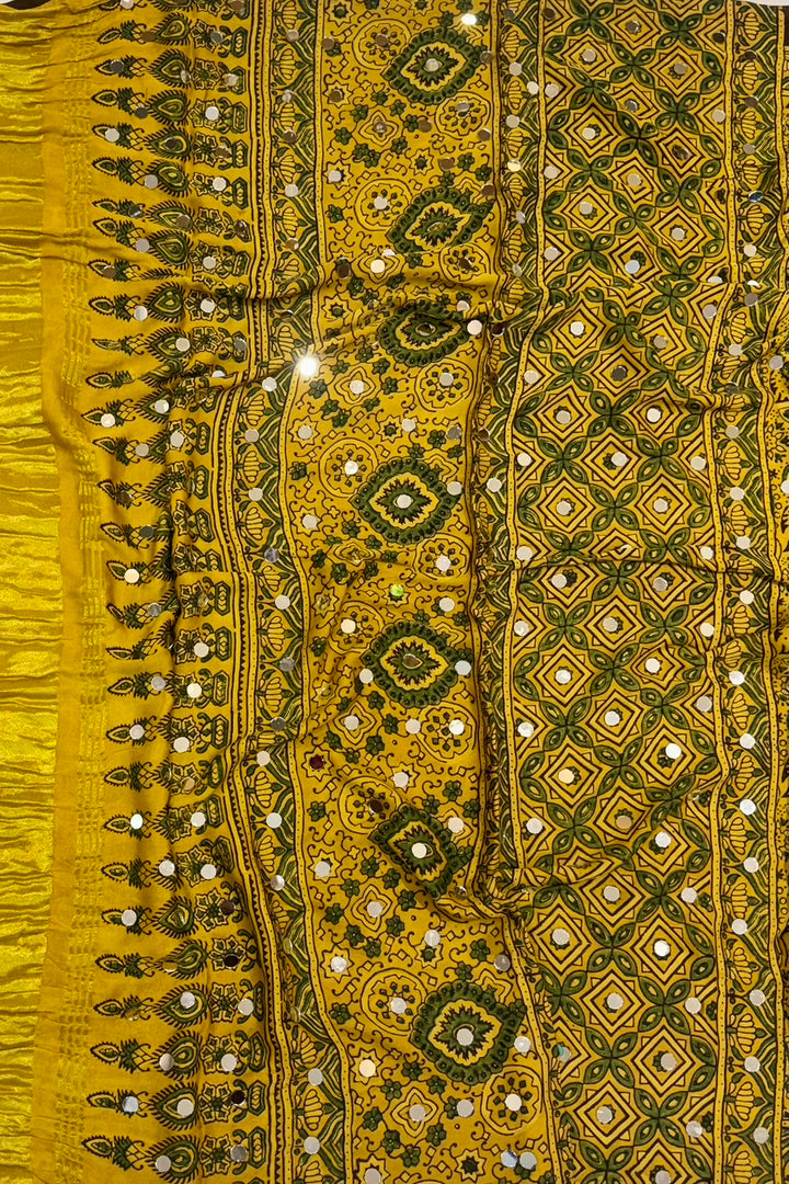 Vibrant Mustard Yellow Modal Silk Ajrakh Saree with Intricate Handblock Print & Real Mirror Accents