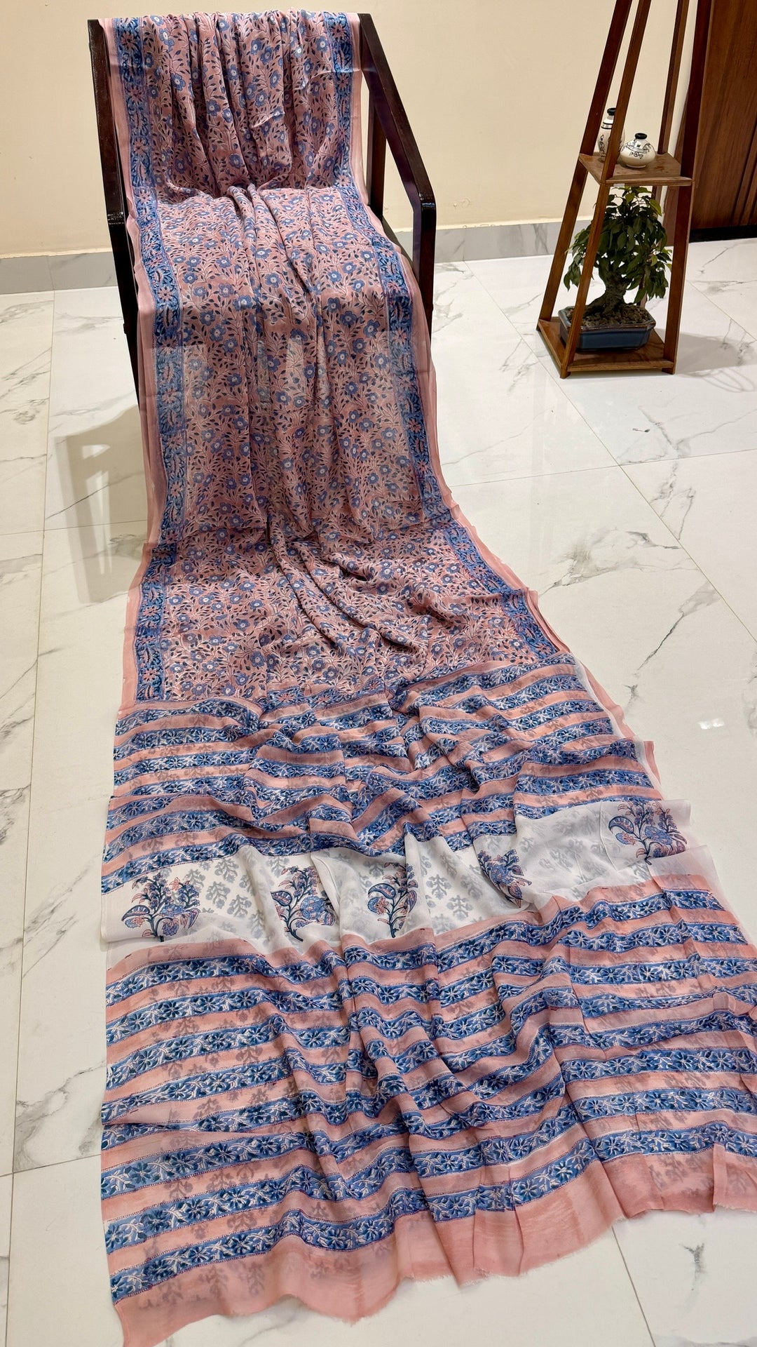 Pastel Pink Handblock Printed Georgette Saree with Ocean Blue Stripes and Floral Pallu