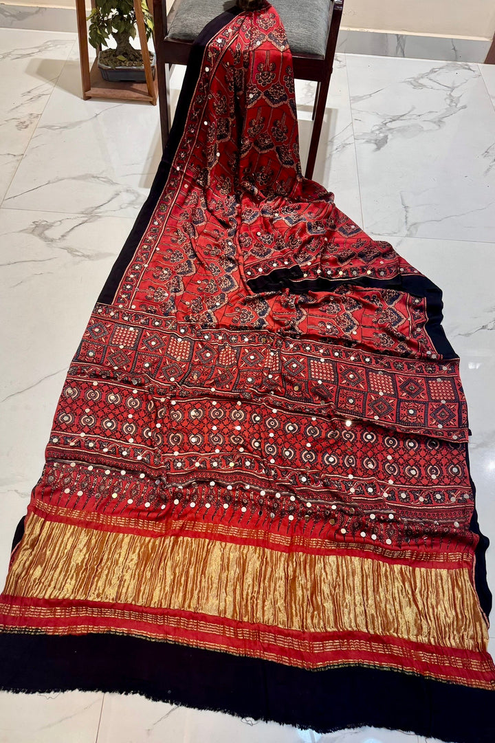 Traditional Red & Black Modal Silk Ajrakh Saree with Real Mirror Work & Rich Tissue Pallu