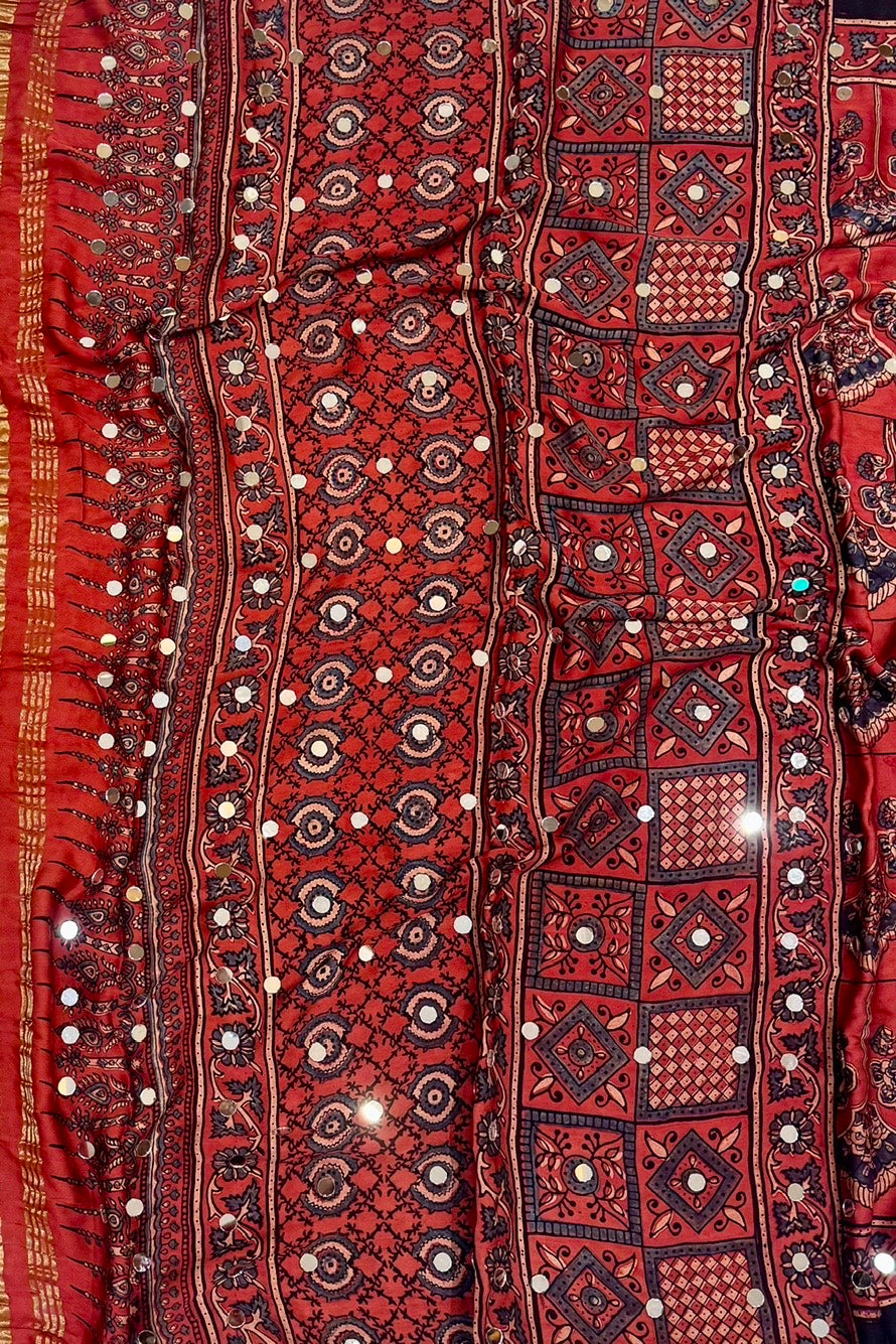 Traditional Red & Black Modal Silk Ajrakh Saree with Real Mirror Work & Rich Tissue Pallu