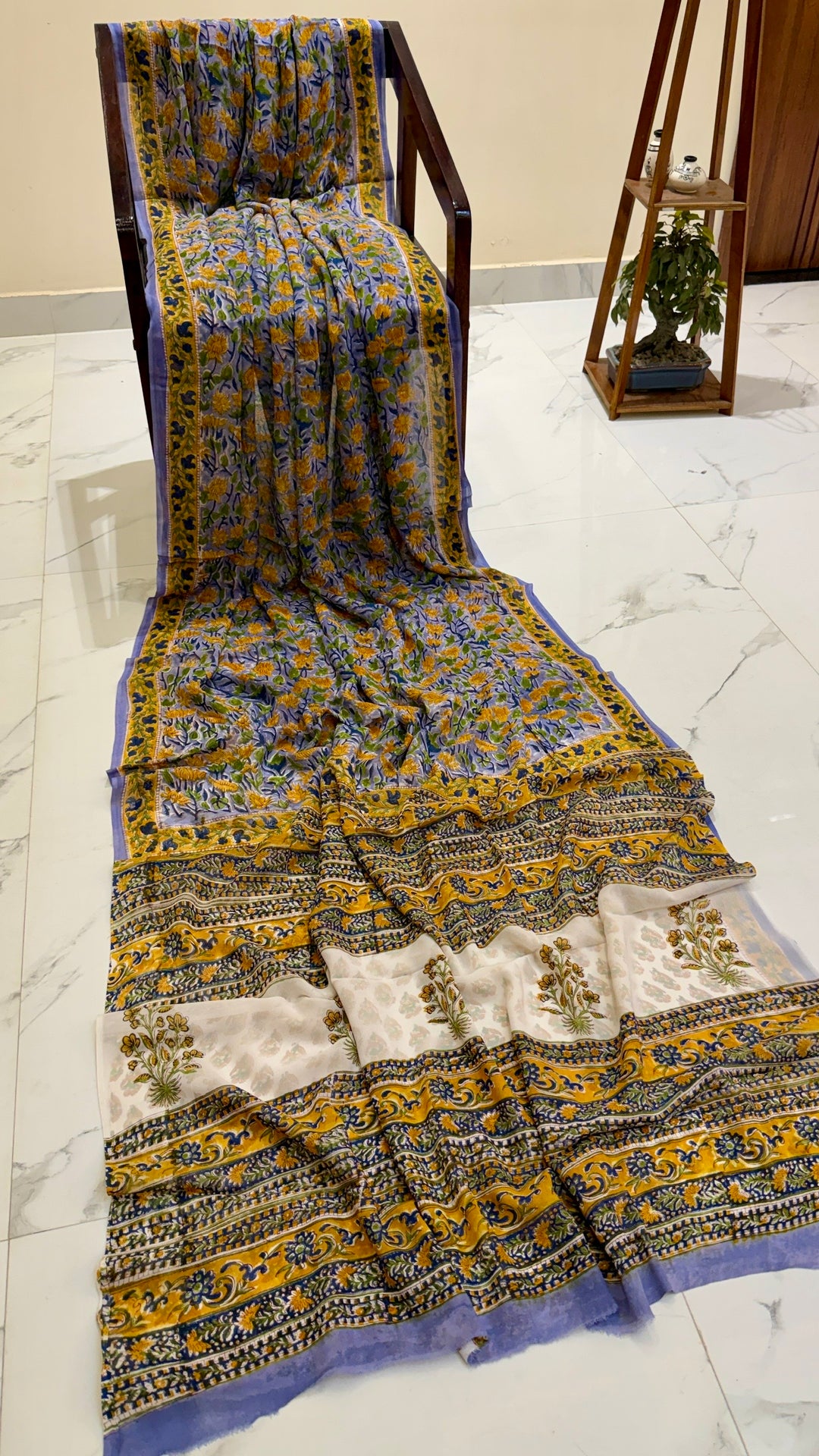 Lavender Blue Handblock Printed Georgette Saree with Vibrant Marigold Yellow Floral Prints