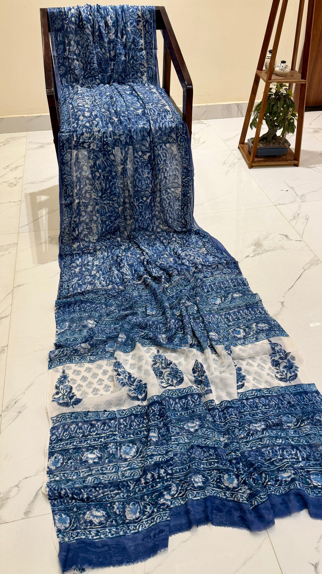 Classic Indigo Blue and White Handblock Printed Georgette Saree with Vine Motifs