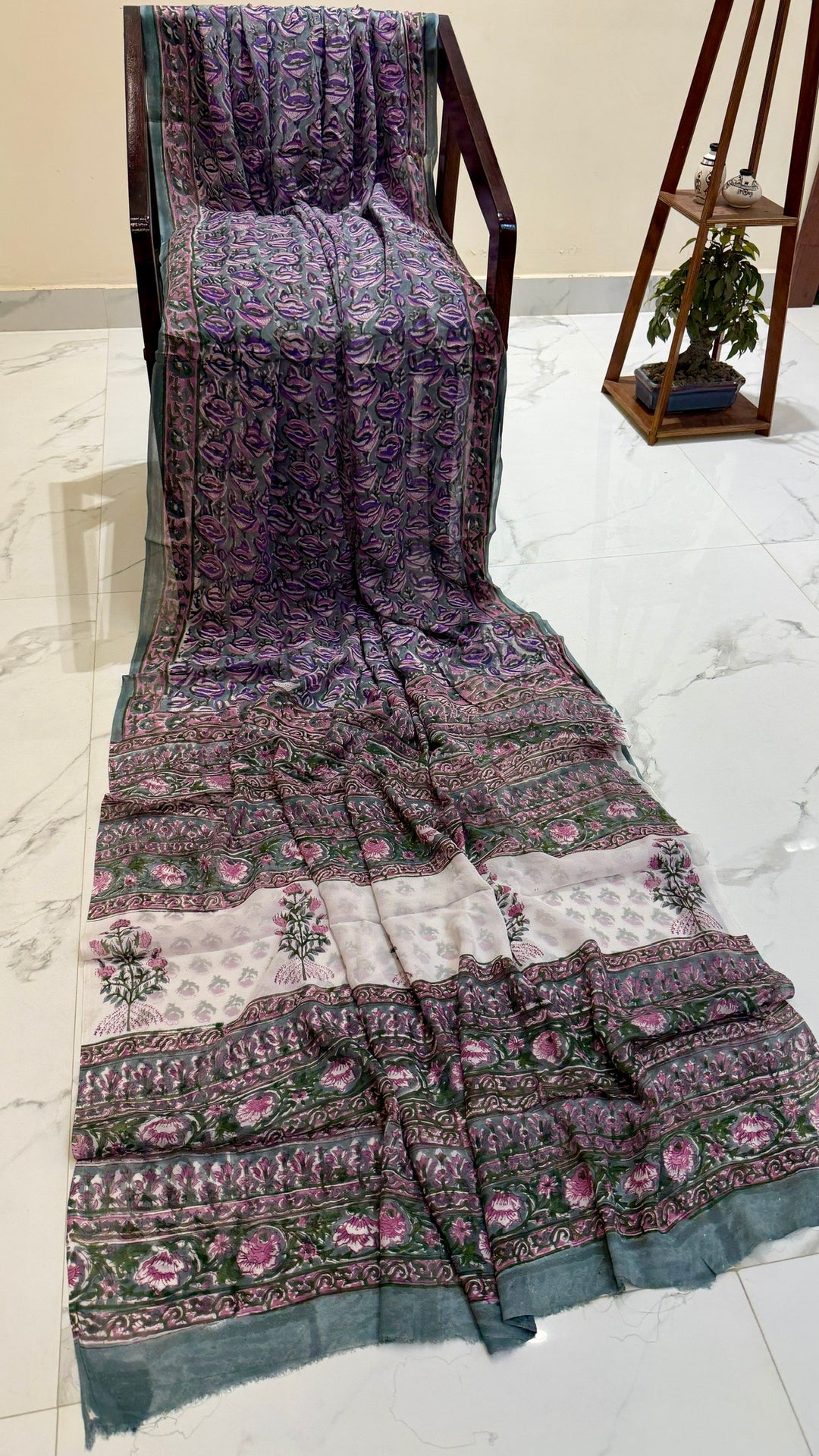 Sage Green Handblock Printed Georgette Saree with Magenta Purple Floral Bootis