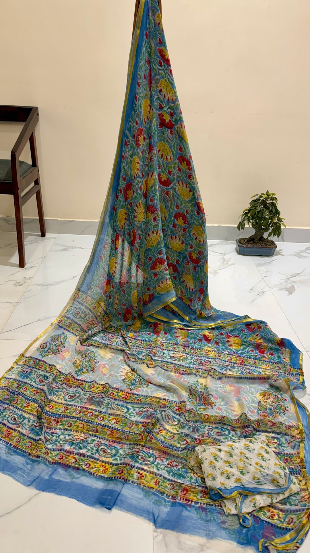Sky Blue & Marigold Multicolor Floral Handblock Premium Chiffon Saree