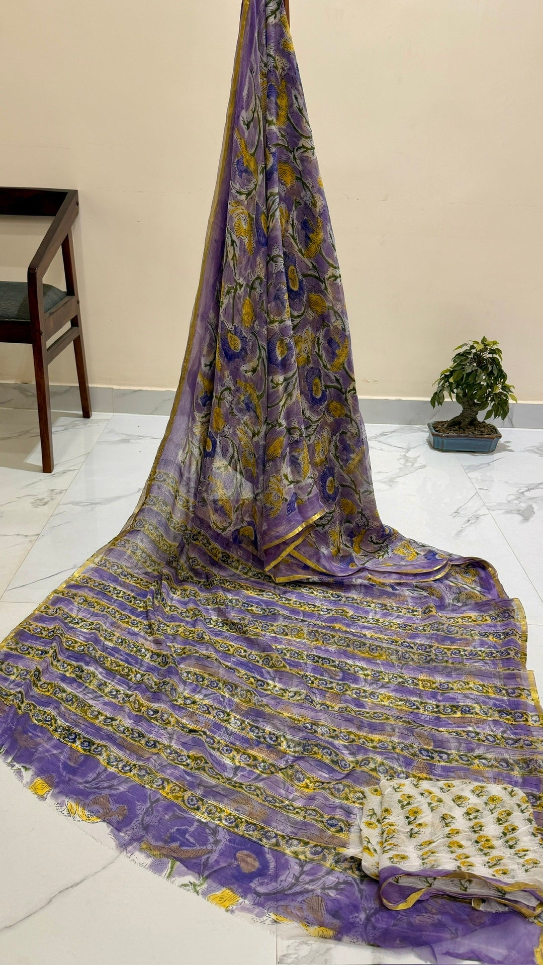 Lavender & Sunflower Yellow Handblock Floral Premium Chiffon Saree