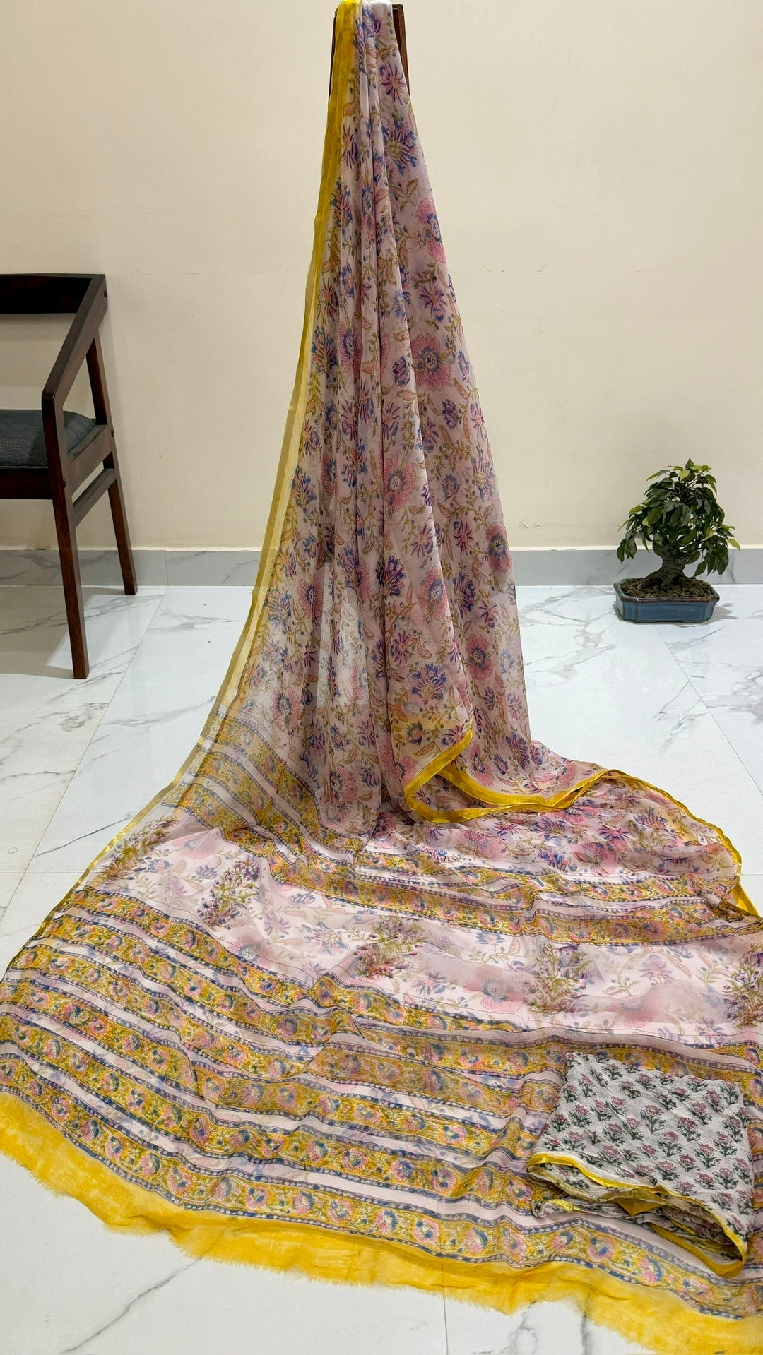 Powder Pink & Lemon Yellow Floral Jaal Premium Chiffon Saree