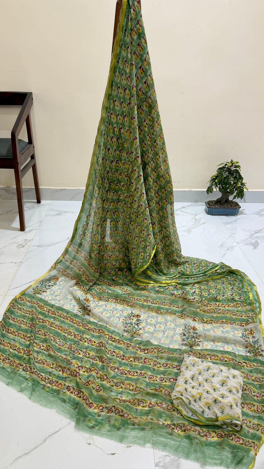Sage Green Premium Chiffon Saree with Hand-Block Floral Jaal and Zari Border