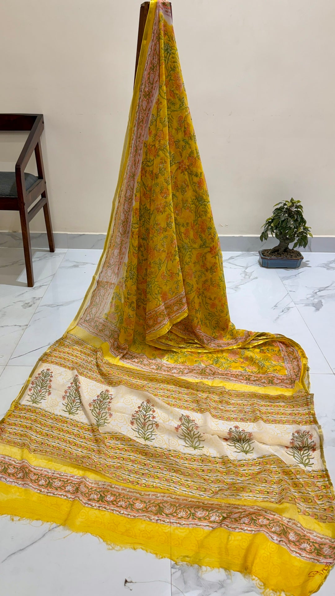 Mustard Yellow Premium Chiffon Saree with Hand-Block Floral Prints and Zari Border