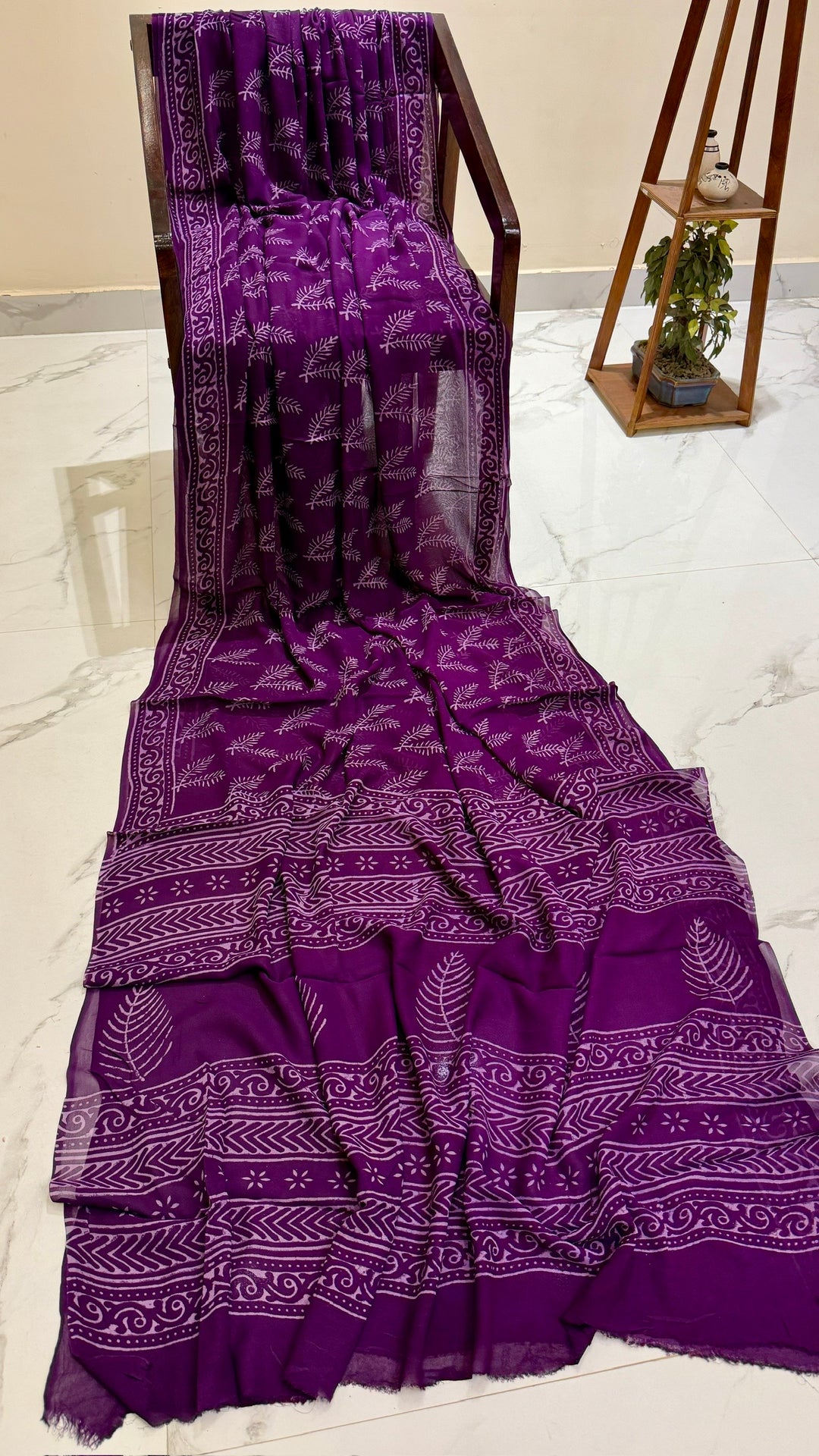 Deep Purple Leaf Block Print Pure Georgette Saree with Border