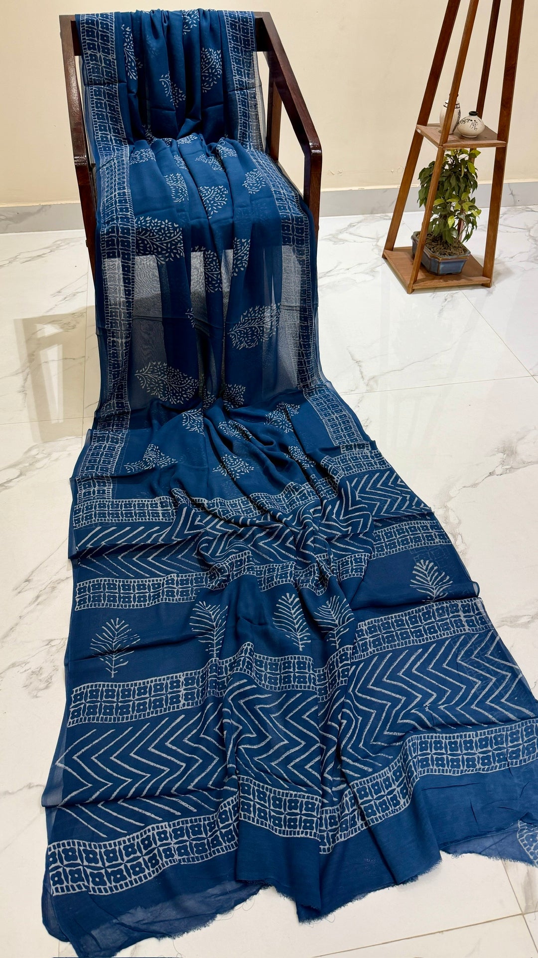 Indigo Blue Chevron Zig-Zag Print Pure Georgette Saree