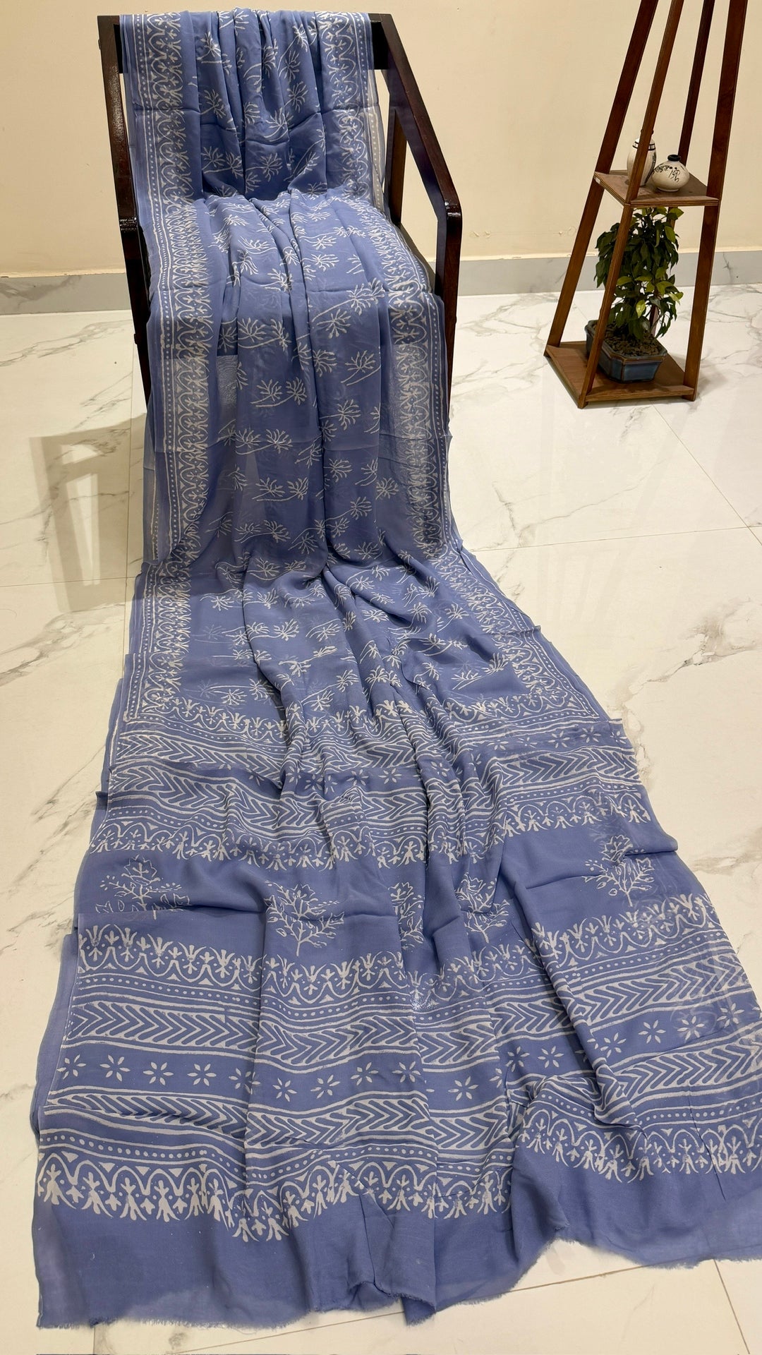 Lavender Blue Geometric Ornamental Print Pure Georgette Saree