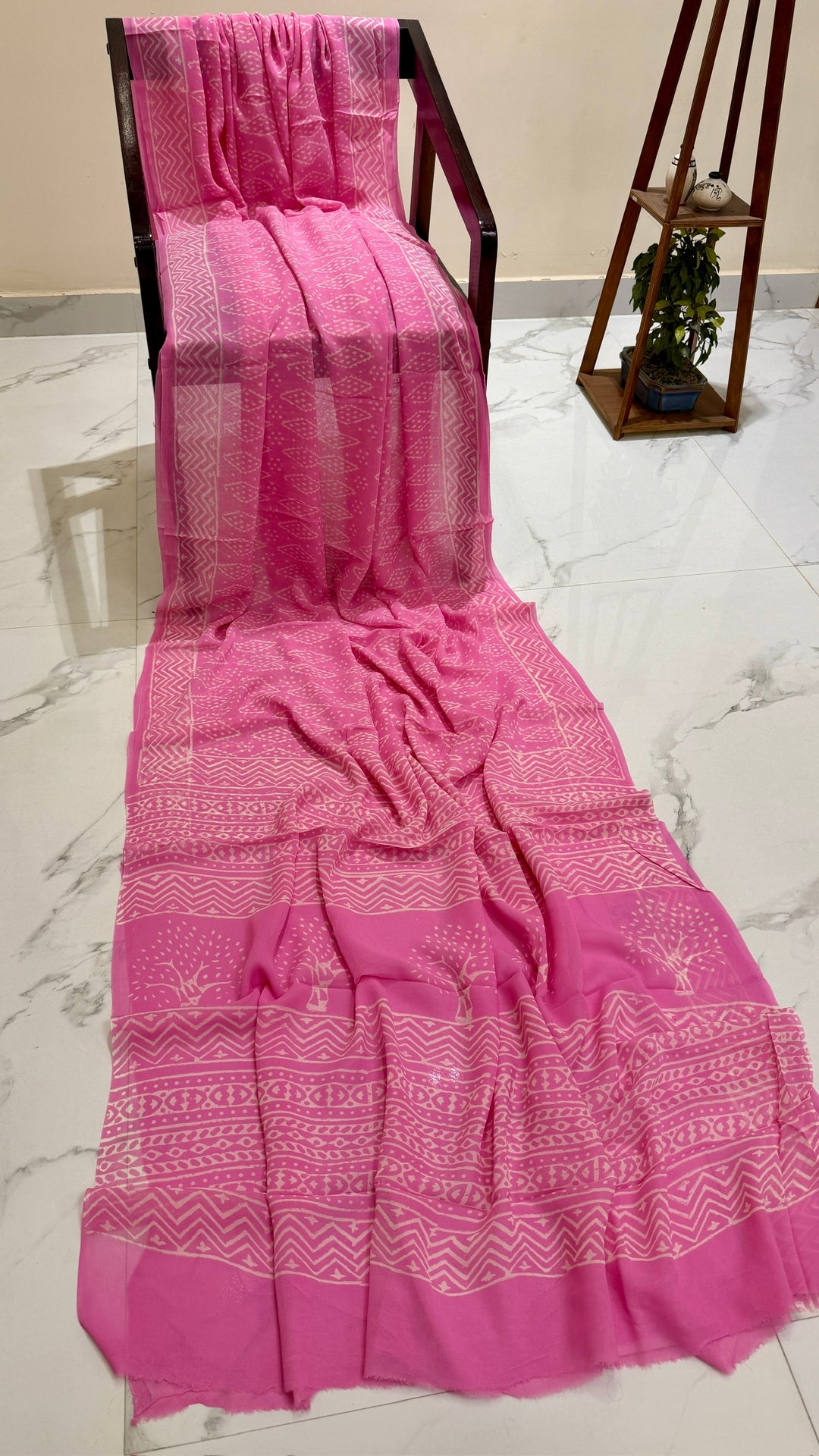 Fuchsia Pink Tree and Chevron Block Print Pure Georgette Saree