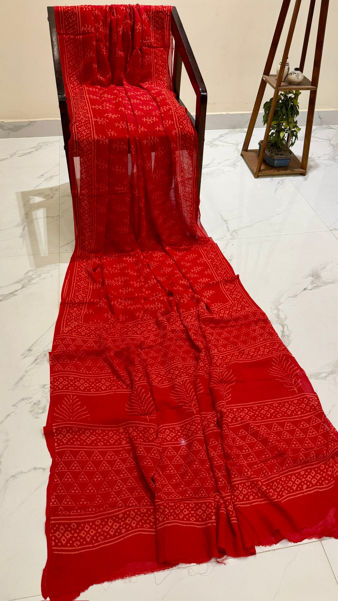 Crimson Red Pure Georgette Handblock Printed Saree with Geometric Borders