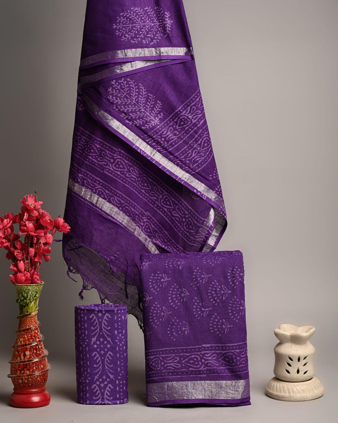 Premium Purple Linen Cotton Handblock Floral Boota Print Unstitched Suit with Zari Border Dupatta