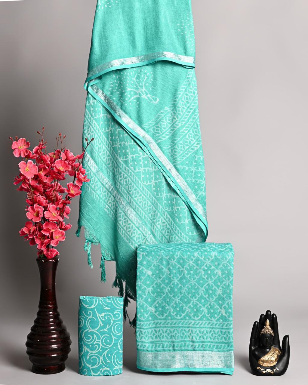Premium Sea Green Linen Cotton Geometric Lattice Print Unstitched Suit with Zari Border Dupatta
