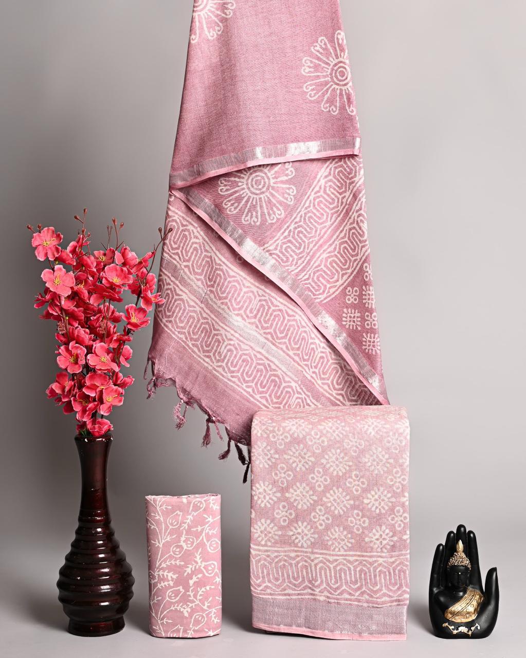 Handcrafted Mauve Pink Linen Cotton Traditional Buti Print Unstitched Suit with Zari Border Dupatta