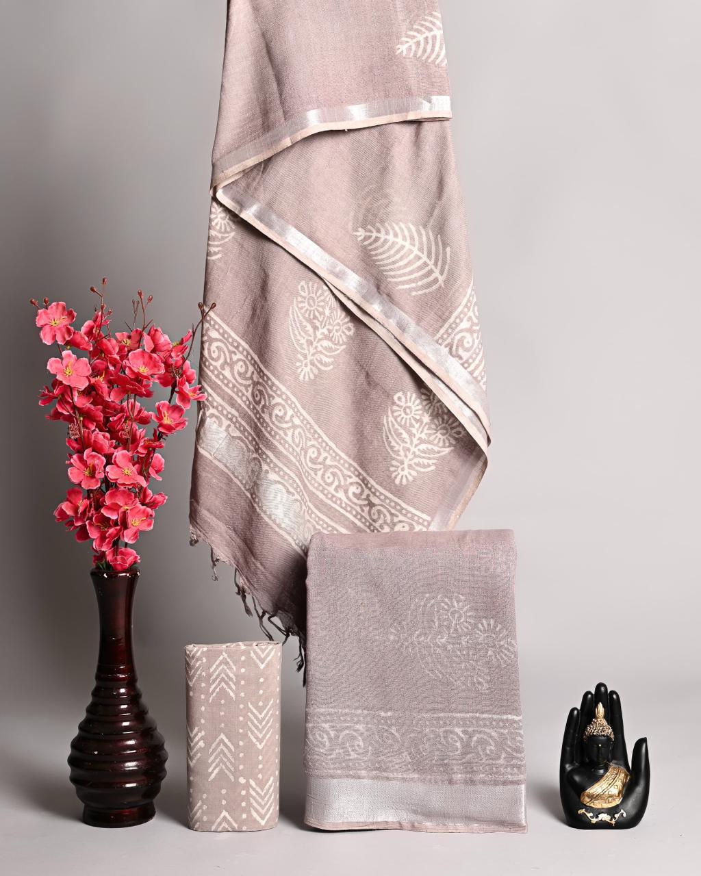 Premium Ash Taupe Linen Cotton Handblock Tree Motif Print Unstitched Suit with Zari Border Dupatta