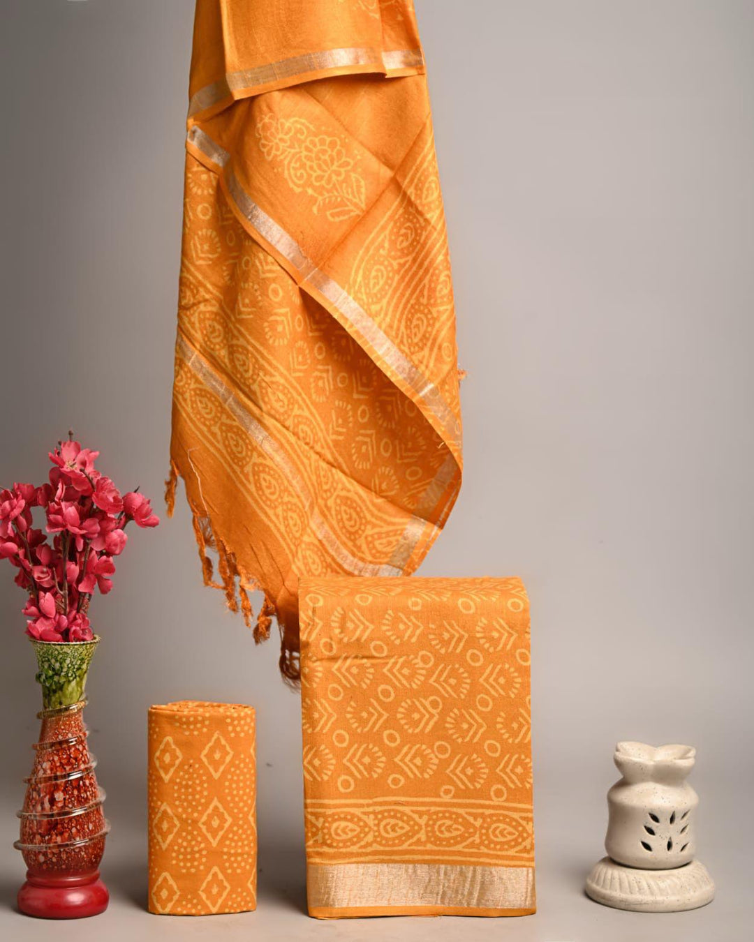 Handcrafted Mustard Yellow Linen Cotton Bandhani Style Print Unstitched Suit with Zari Border Dupatta
