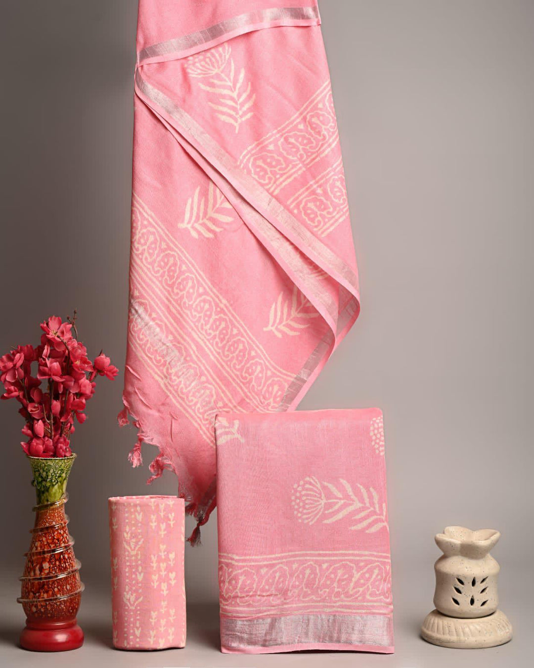 Premium Powder Pink Linen Cotton Floral Handblock Print Unstitched Suit with Zari Border Dupatta
