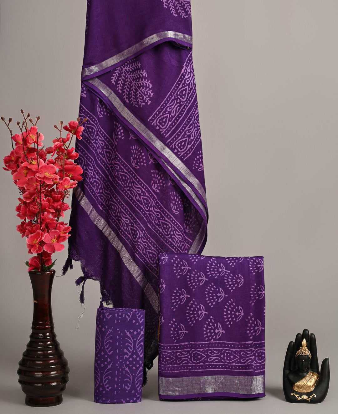 Handcrafted Deep Violet Linen Cotton Traditional Booti Print Unstitched Suit with Zari Border Dupatta