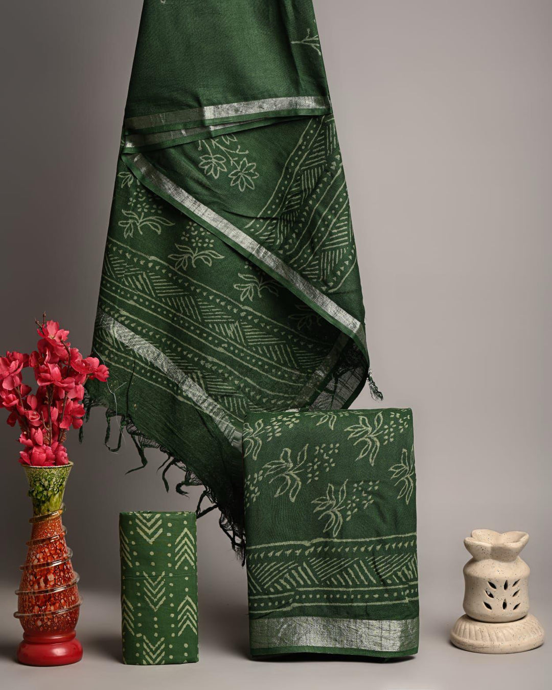 Premium Emerald Green Linen Cotton Abstract Leaf Print Unstitched Suit with Zari Border Dupatta