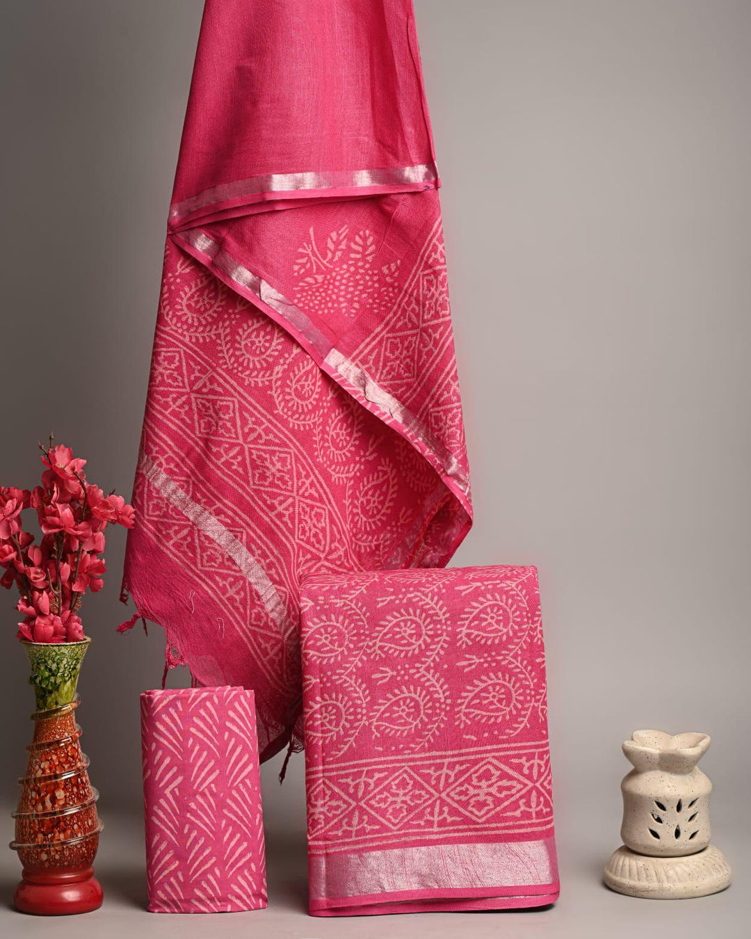 Handcrafted Magenta Pink Linen Cotton Paisley Jaal Print Unstitched Suit with Zari Border Dupatta