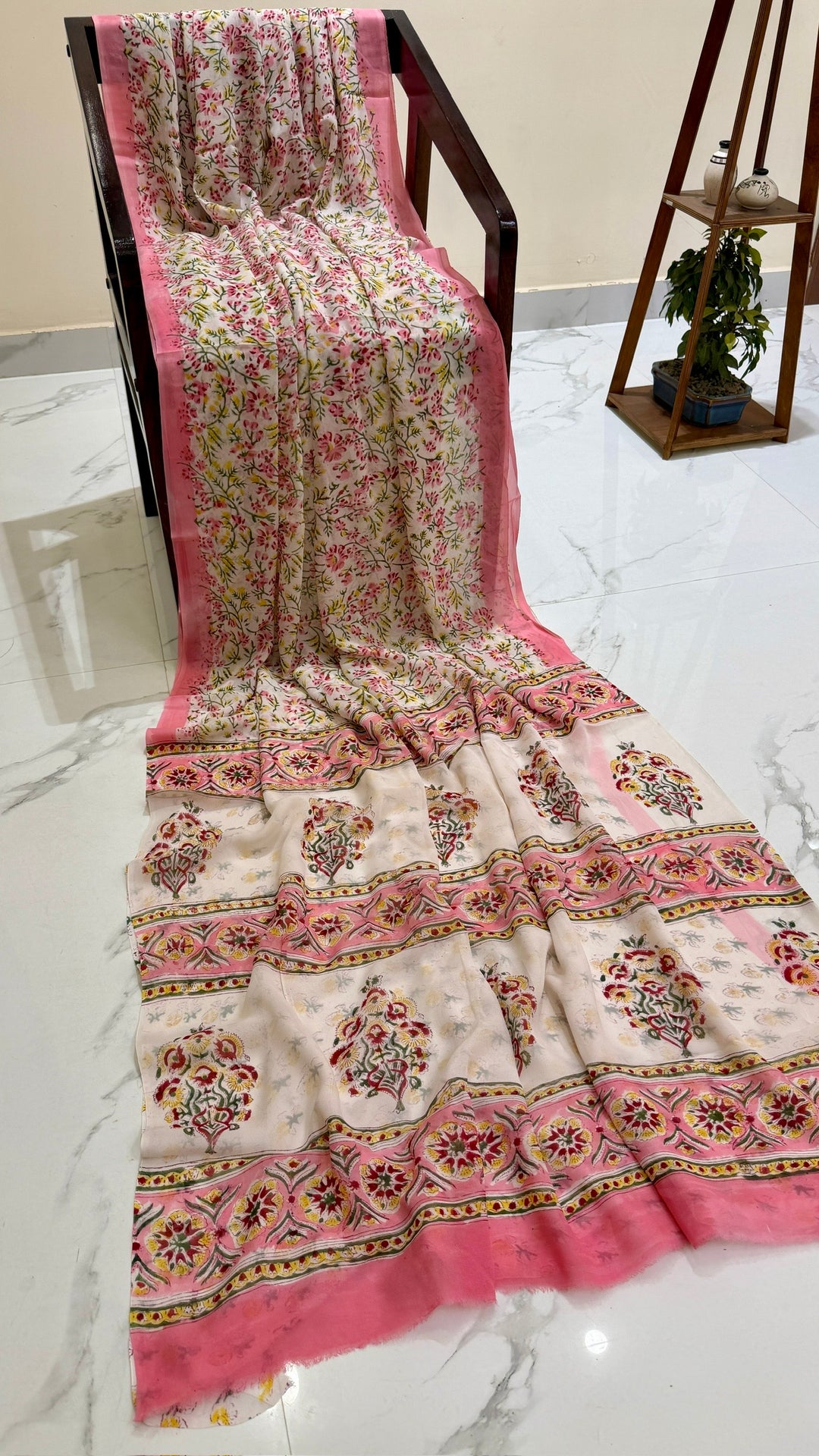 Premium Ivory & Pastel Pink Floral Handblock Printed Georgette Saree