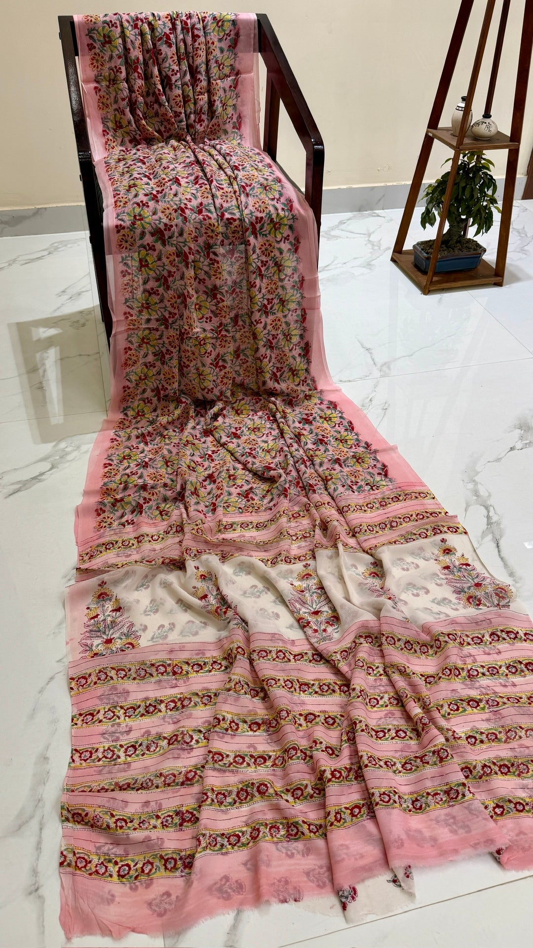 Premium Powder Pink Dense Floral Jaal Handblock Printed Georgette Saree