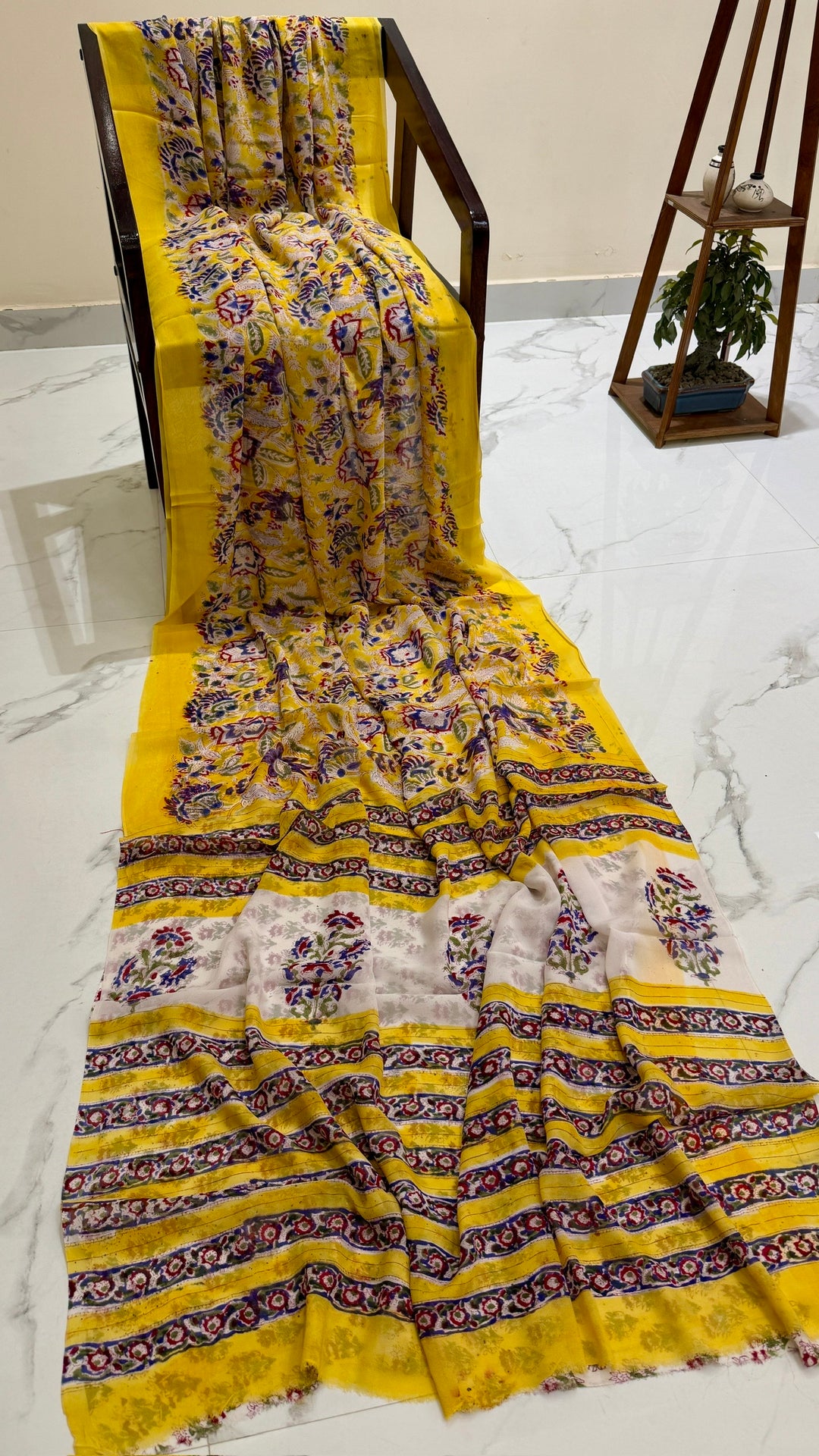 Premium Bright Yellow & Royal Blue Boota Handblock Printed Georgette Saree