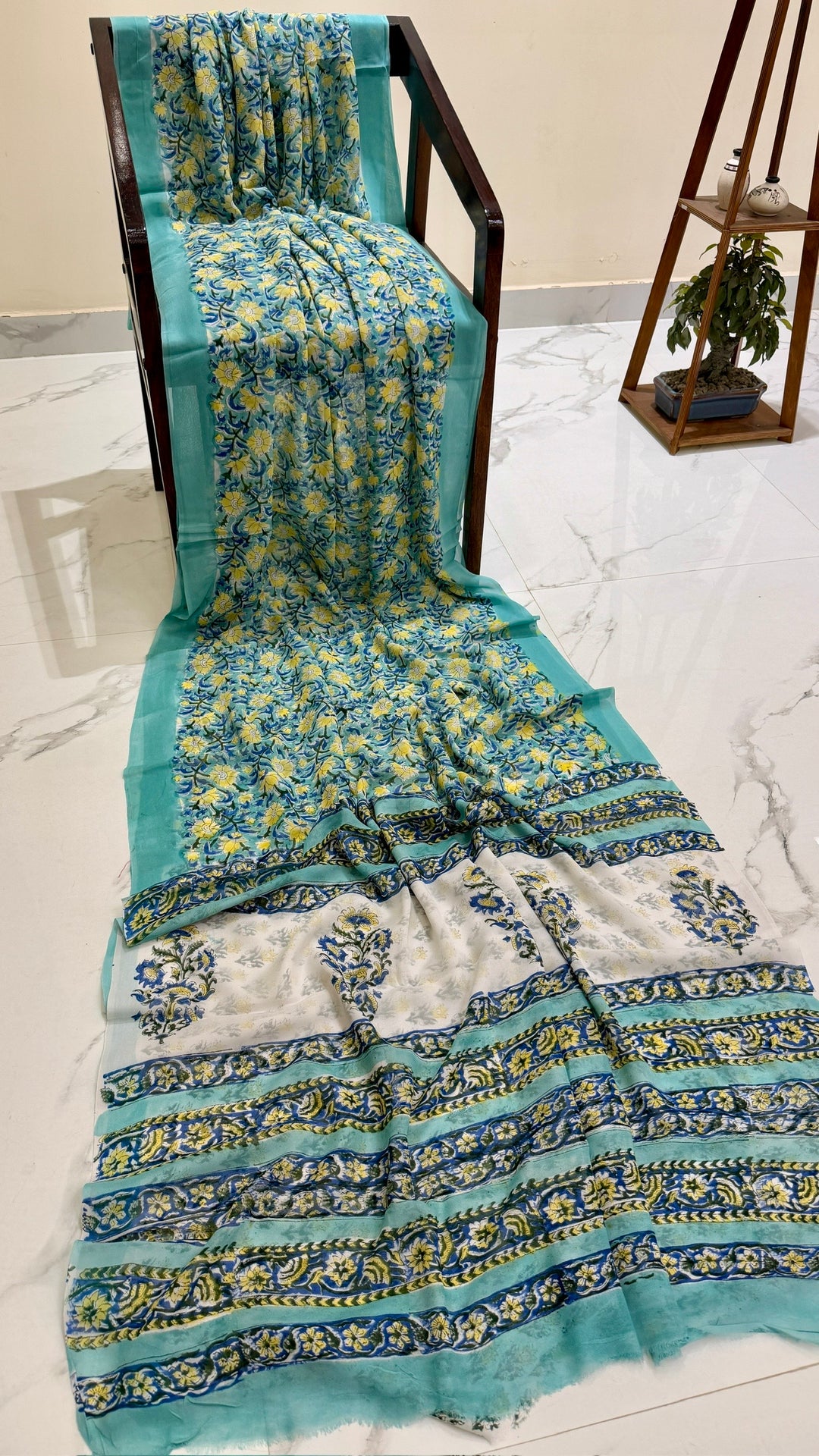 Premium Turquoise Blue & Yellow Floral Handblock Printed Georgette Saree