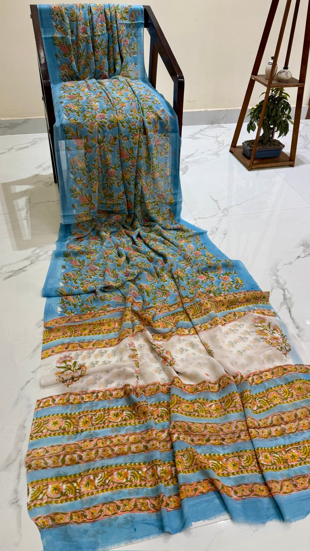 Premium Ocean Blue & Peach Vines Handblock Printed Georgette Saree