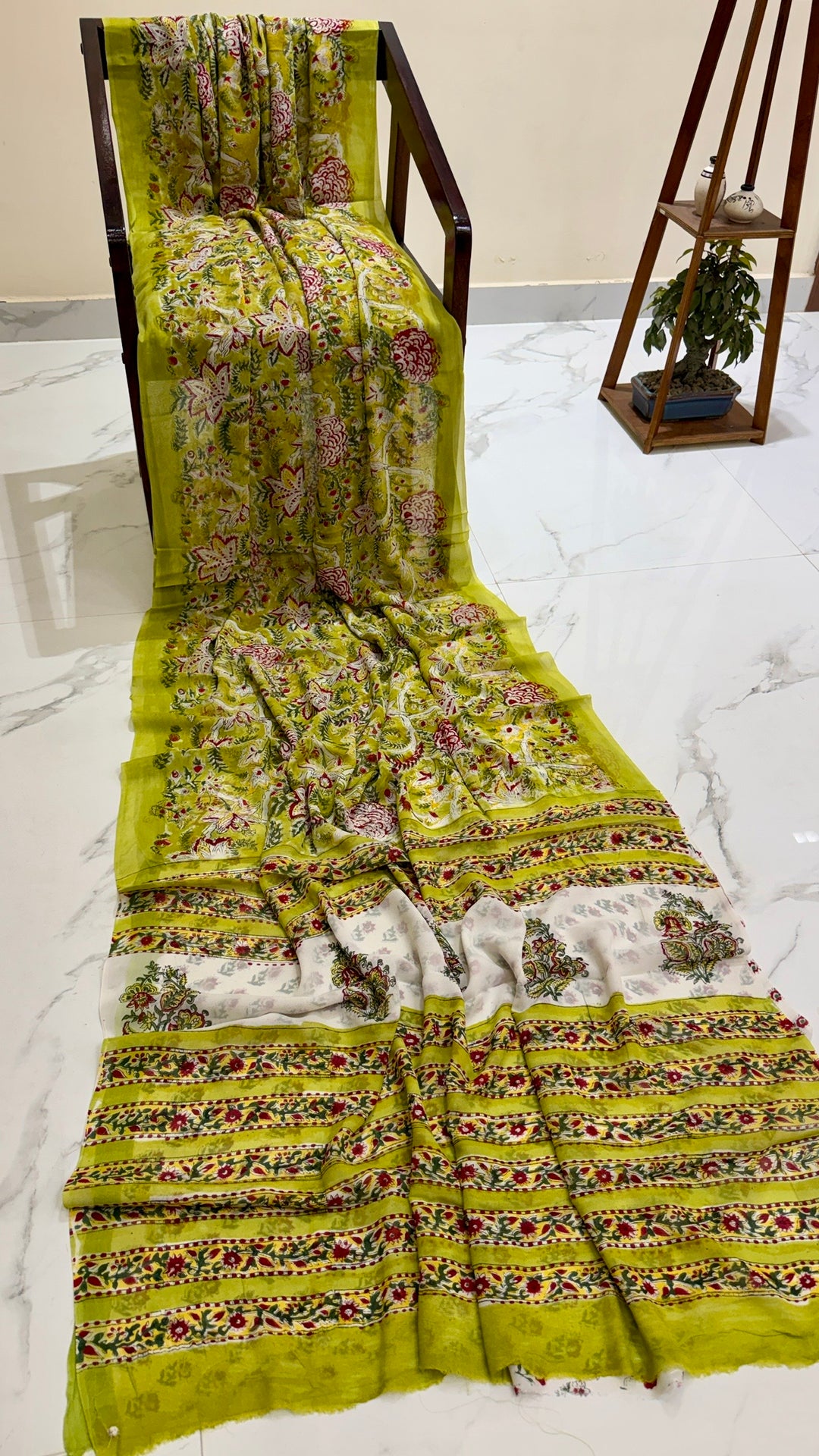 Premium Lime Green & Maroon Lotus Handblock Printed Georgette Saree