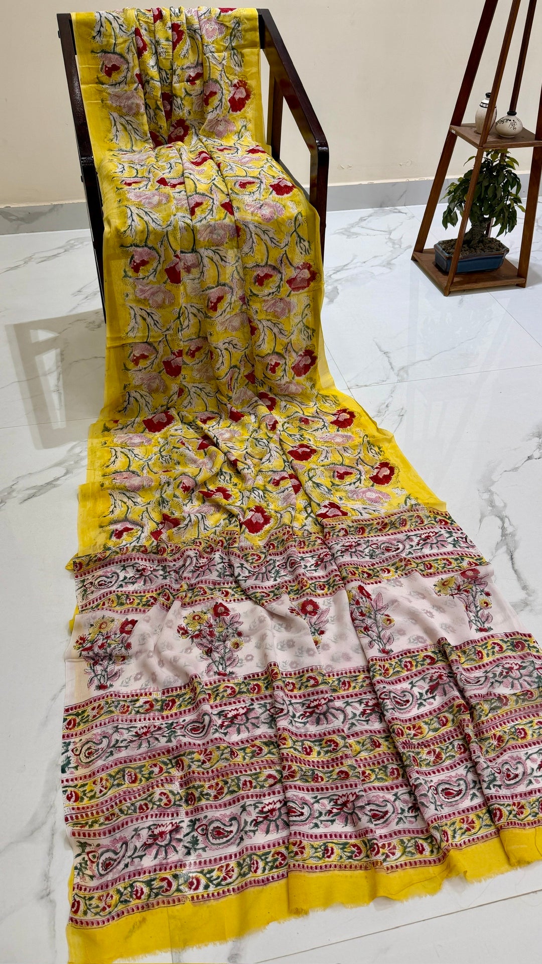Premium Sunflower Yellow & Red Poppy Handblock Printed Georgette Saree