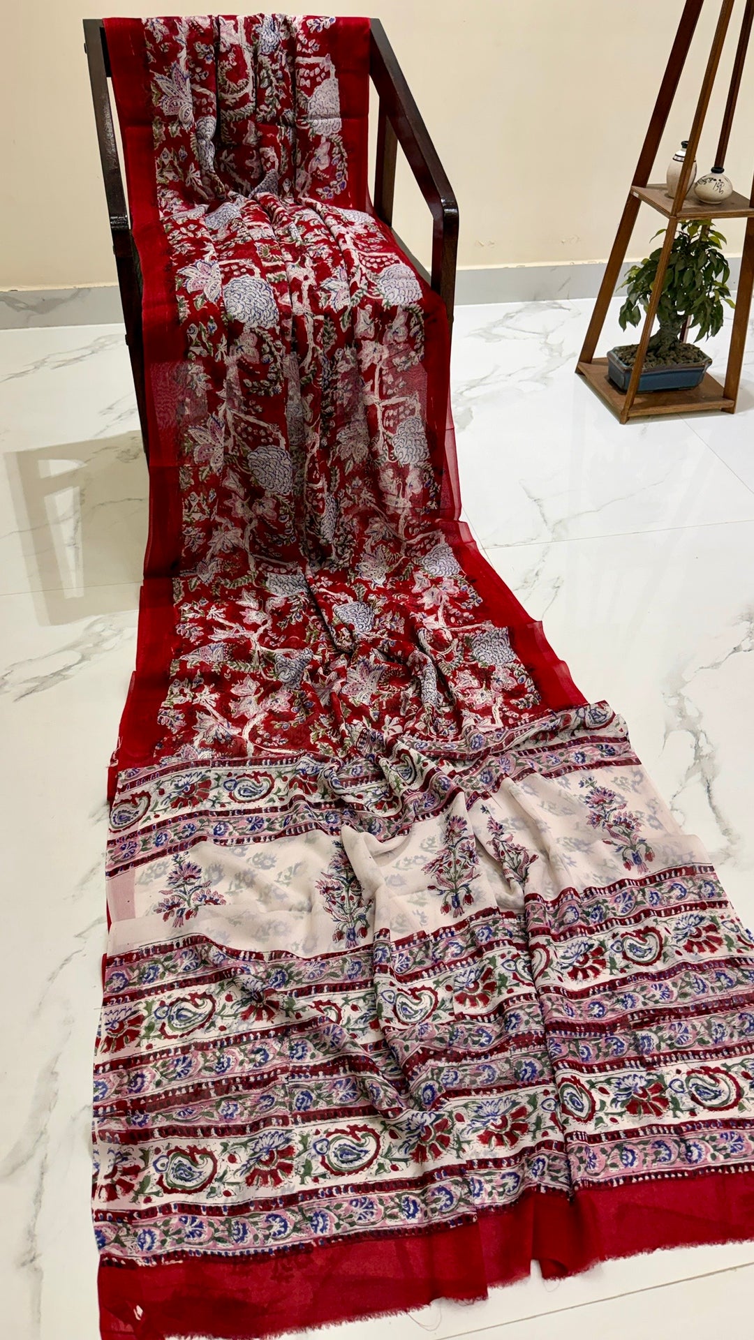 Premium Deep Crimson Red & Ivory Heritage Handblock Printed Georgette Saree