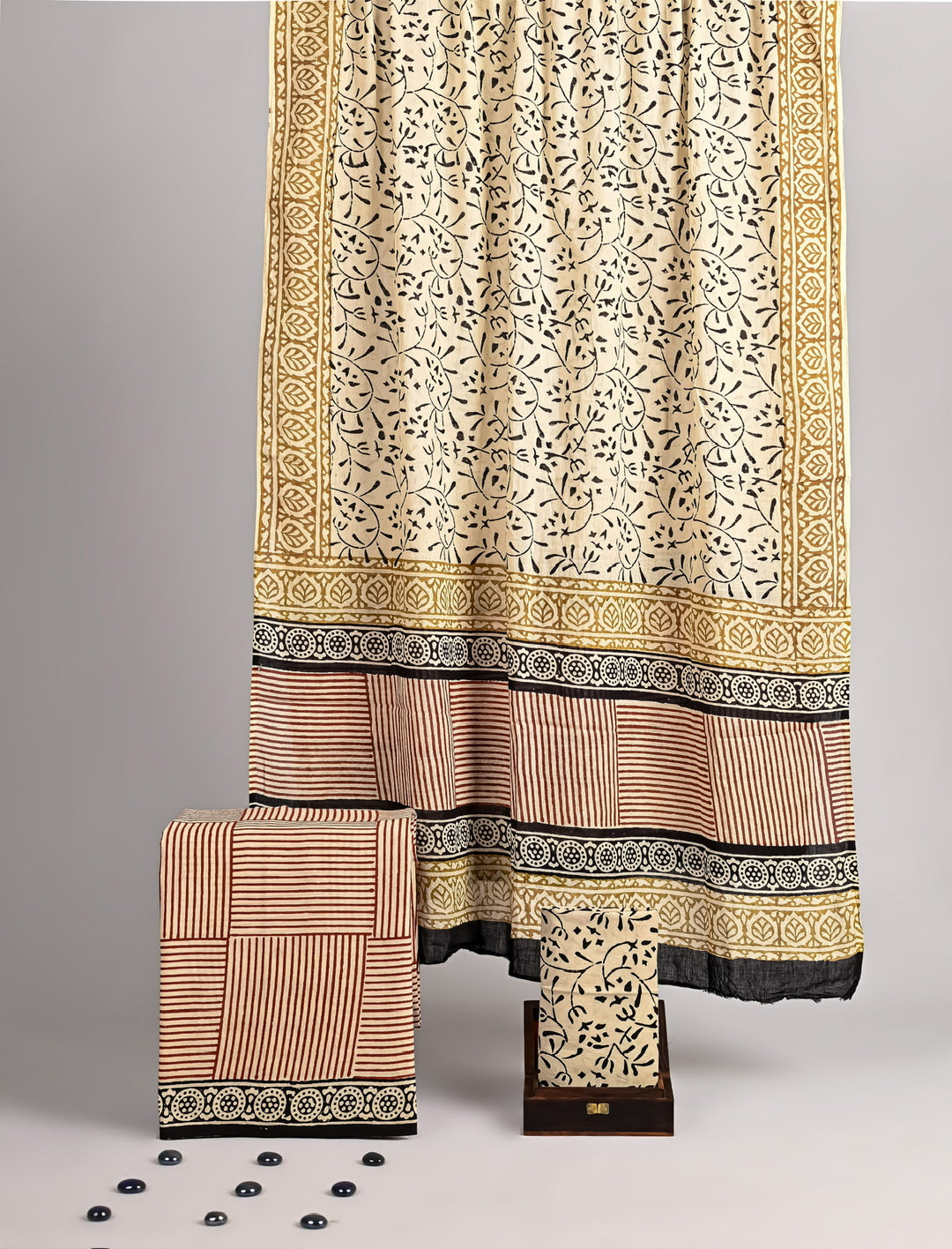 Classic Rust & Olive Baagh Handblock Printed Cotton Suit Set with Striped Dupatta & Floral Accents