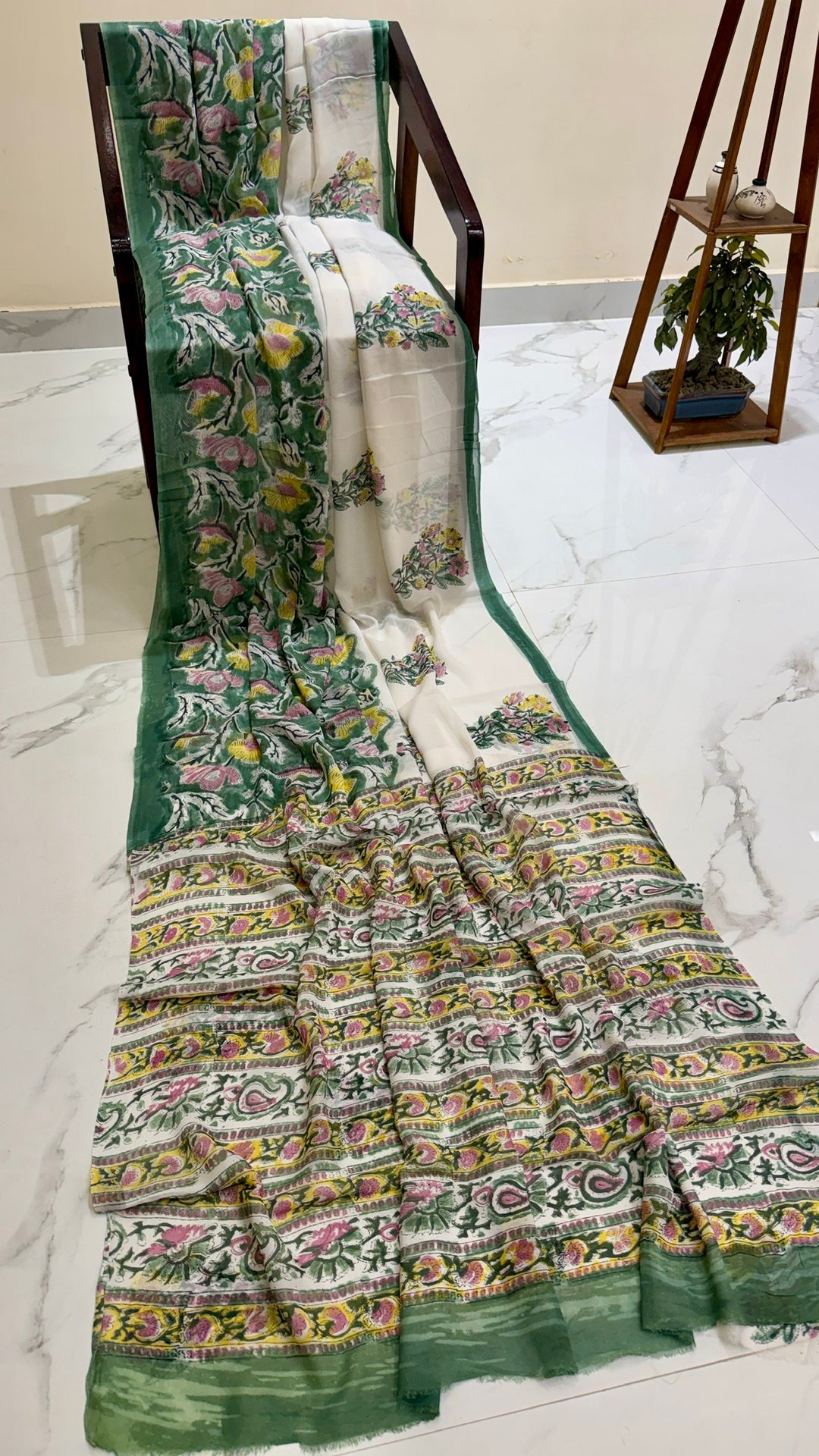 Premium Emerald Green & Pastel Pink Floral Handblock Printed Georgette Saree