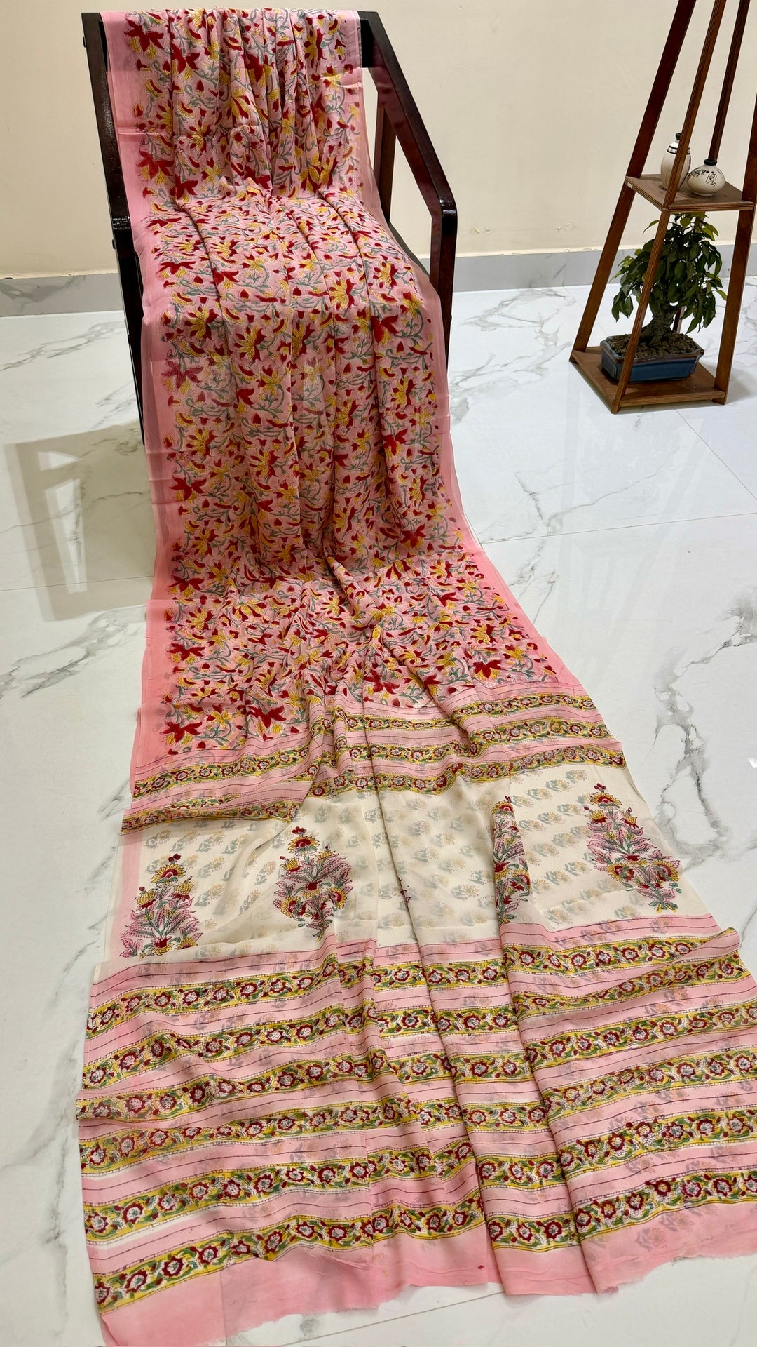 Premium Rose Pink & Mustard Yellow Floral Handblock Printed Georgette Saree