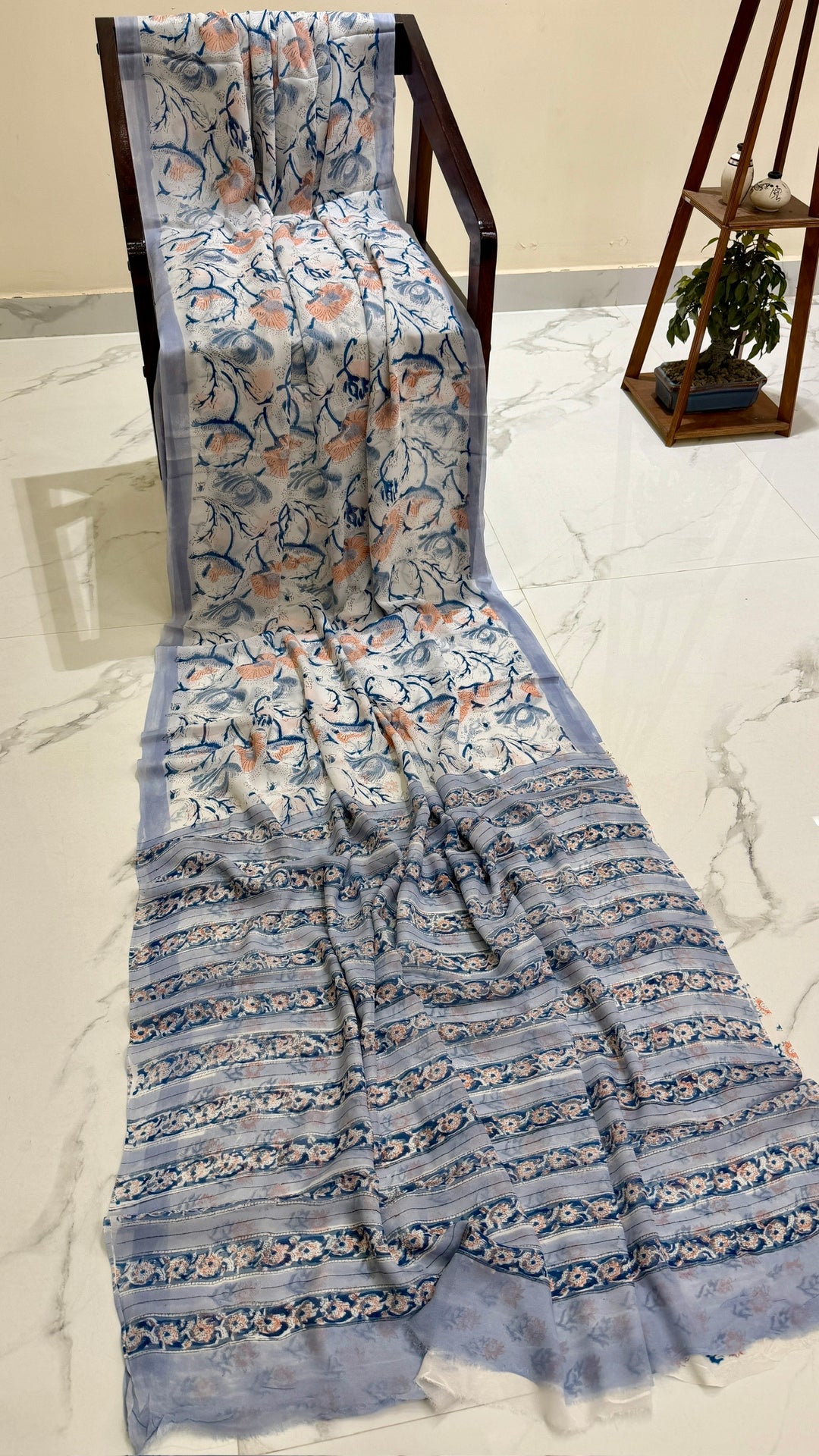 Dusty Blue Floral Georgette Saree | Printed Indian Wedding & Party Wear Saree